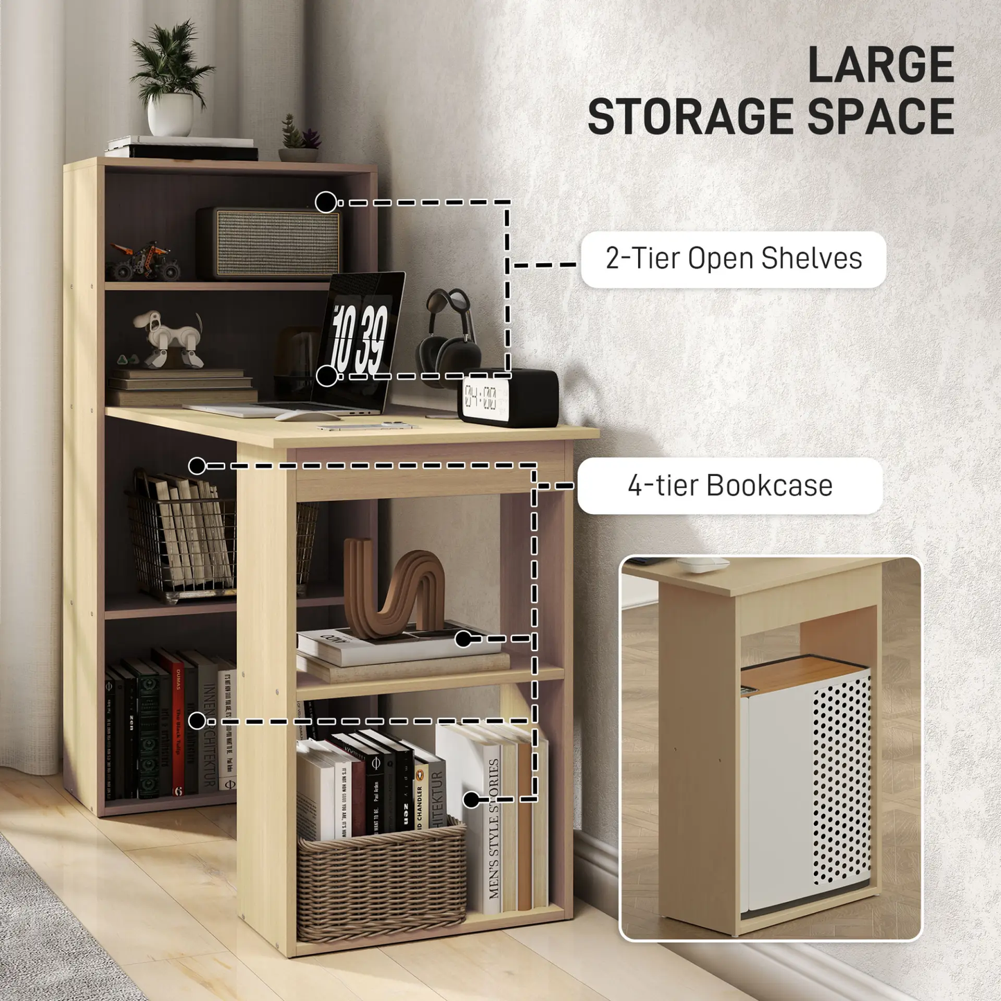 HOMCOM 120cm Computer Desk, Wooden PC Laptop Table with 6-Tier Storage Bookshelves, Home Office Working Study Desk, Writing Workstation, Natural Wood by All Mart Bristol Ltd