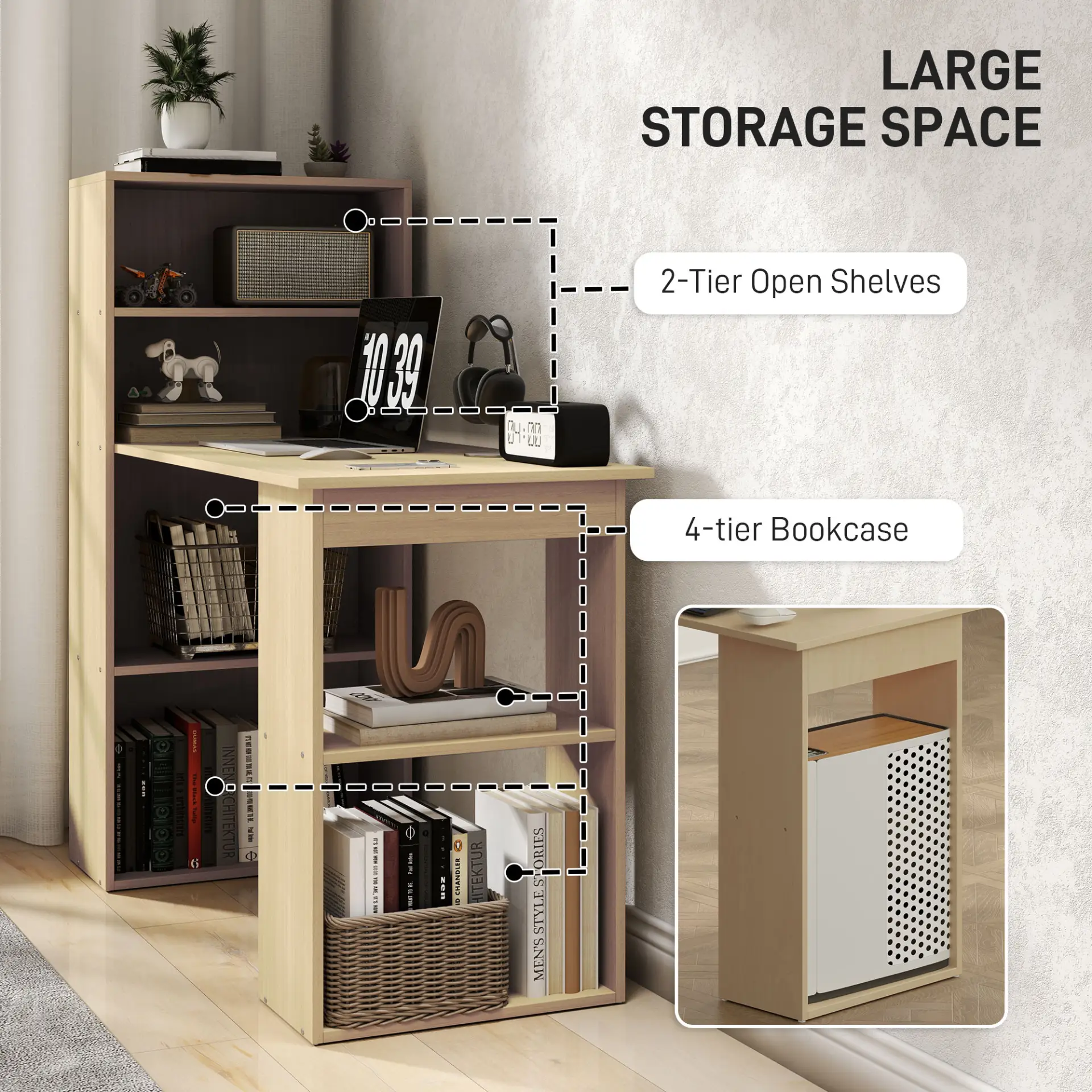 HOMCOM 120cm Computer Desk, Wooden PC Laptop Table with 6-Tier Storage Bookshelves, Home Office Working Study Desk, Writing Workstation, Natural Wood by All Mart Bristol Ltd