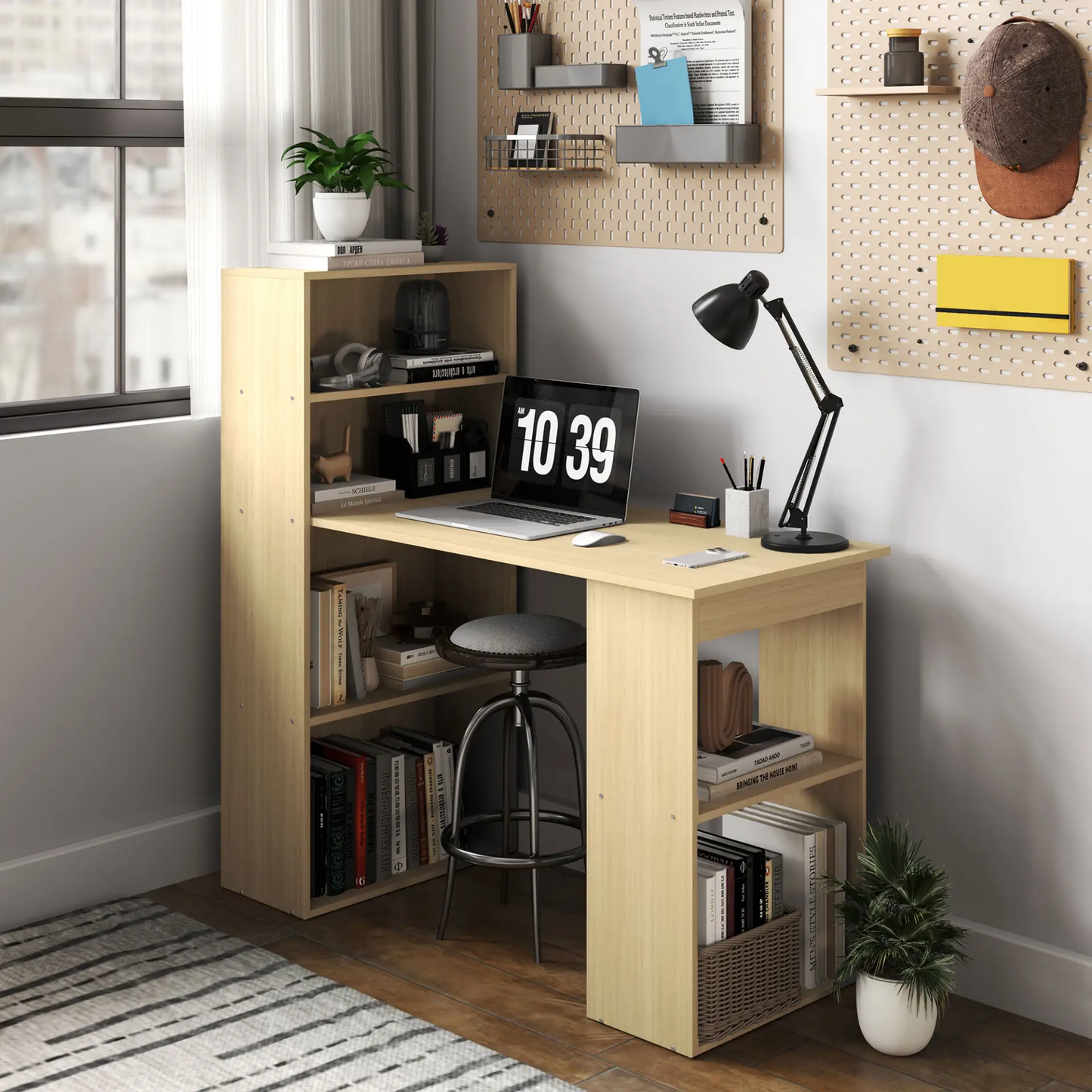 HOMCOM 120cm Computer Desk, Wooden PC Laptop Table with 6-Tier Storage Bookshelves, Home Office Working Study Desk, Writing Workstation, Natural Wood by All Mart Bristol Ltd