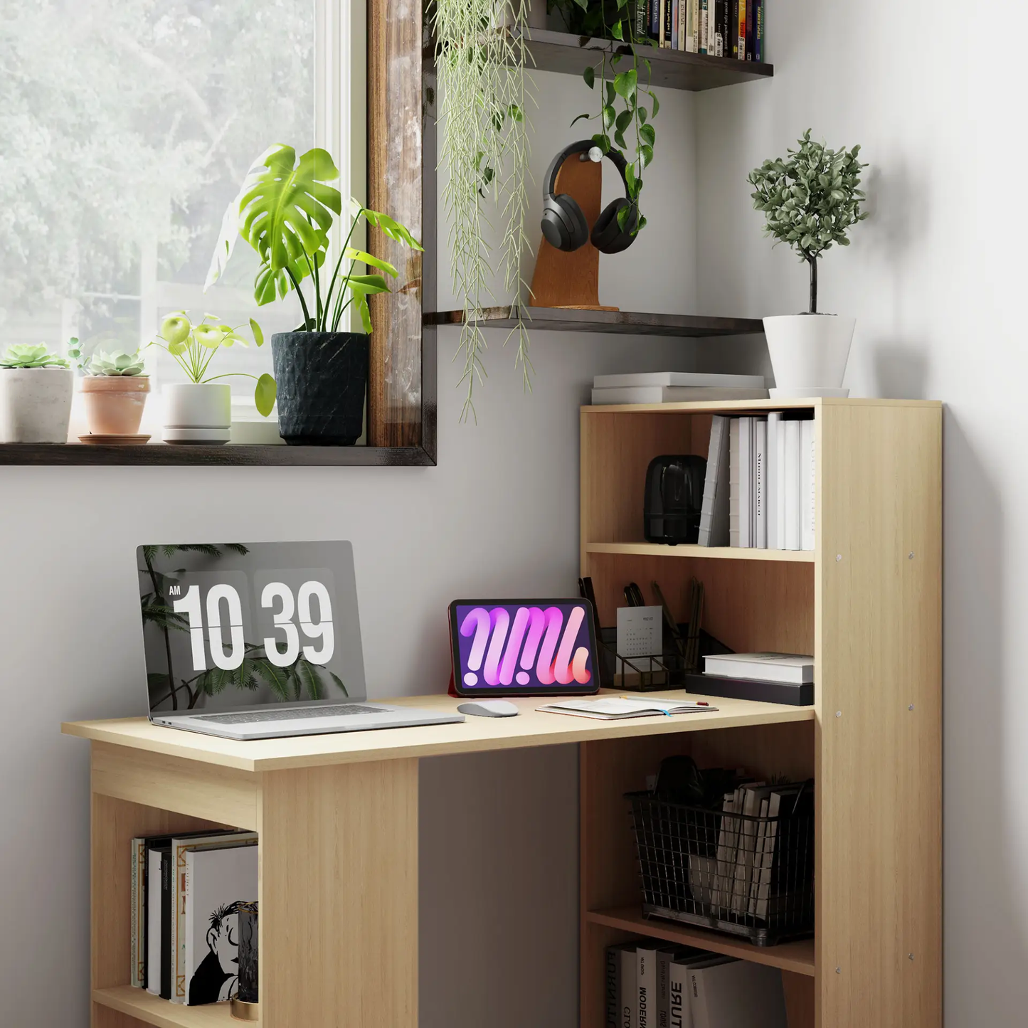 HOMCOM 120cm Computer Desk, Wooden PC Laptop Table with 6-Tier Storage Bookshelves, Home Office Working Study Desk, Writing Workstation, Natural Wood by All Mart Bristol Ltd