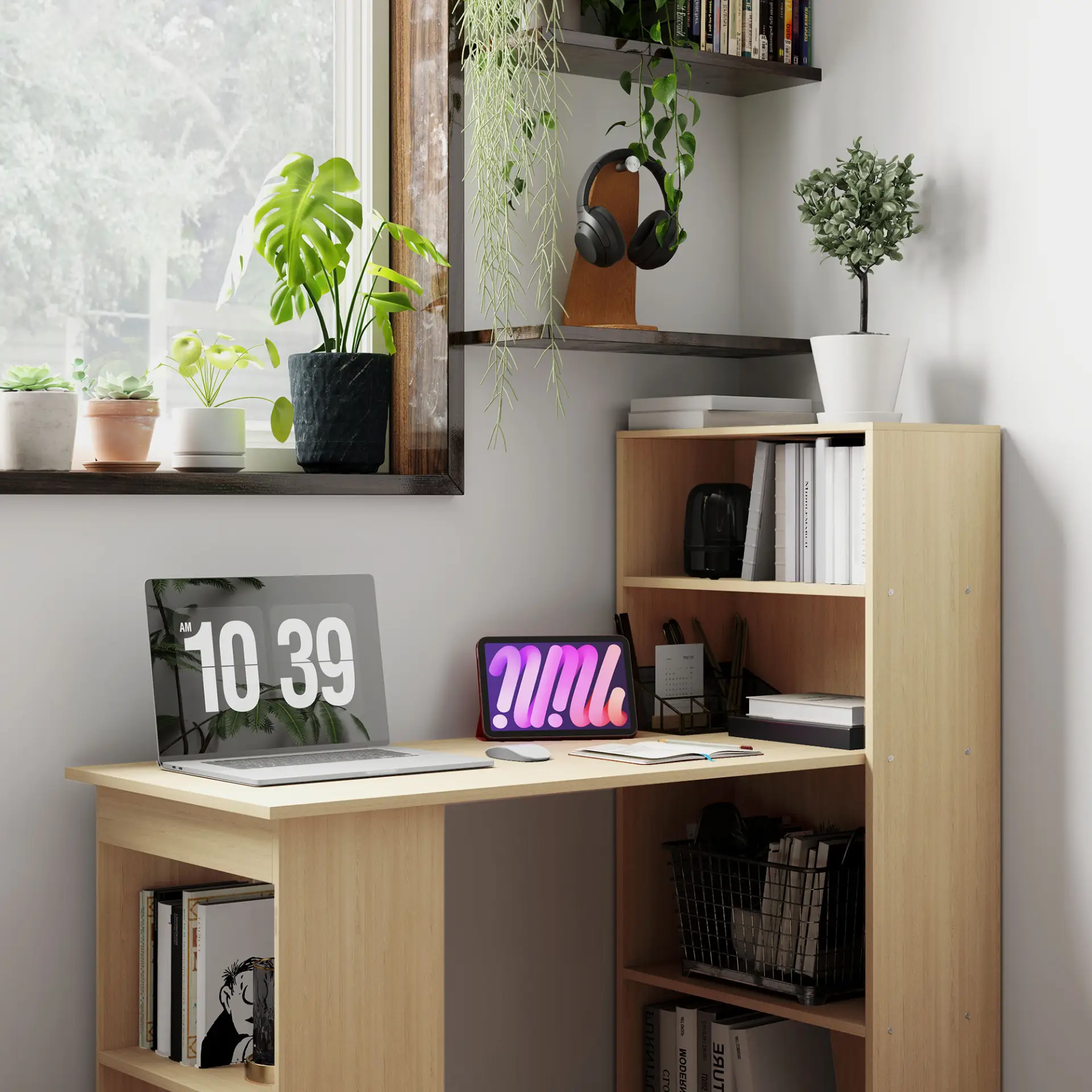 HOMCOM 120cm Computer Desk, Wooden PC Laptop Table with 6-Tier Storage Bookshelves, Home Office Working Study Desk, Writing Workstation, Natural Wood by All Mart Bristol Ltd