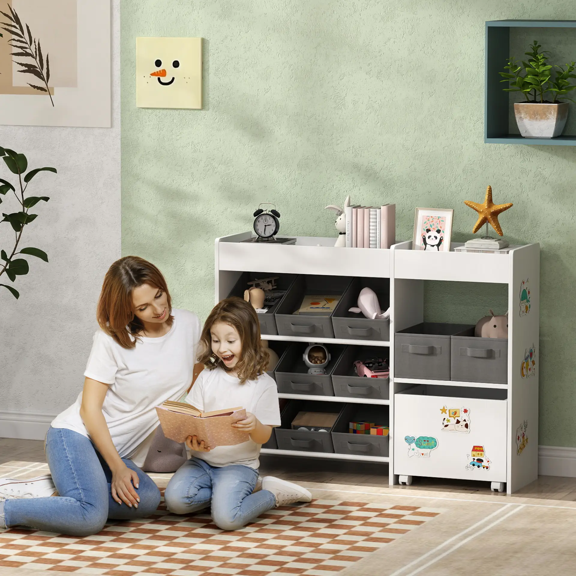 AIYAPLAY Kids Toy Storage Unit with 11 Bins, Cabinet, Top Shelves, 3 Stickers, for Nursery, Playroom, White by All Mart Bristol Ltd