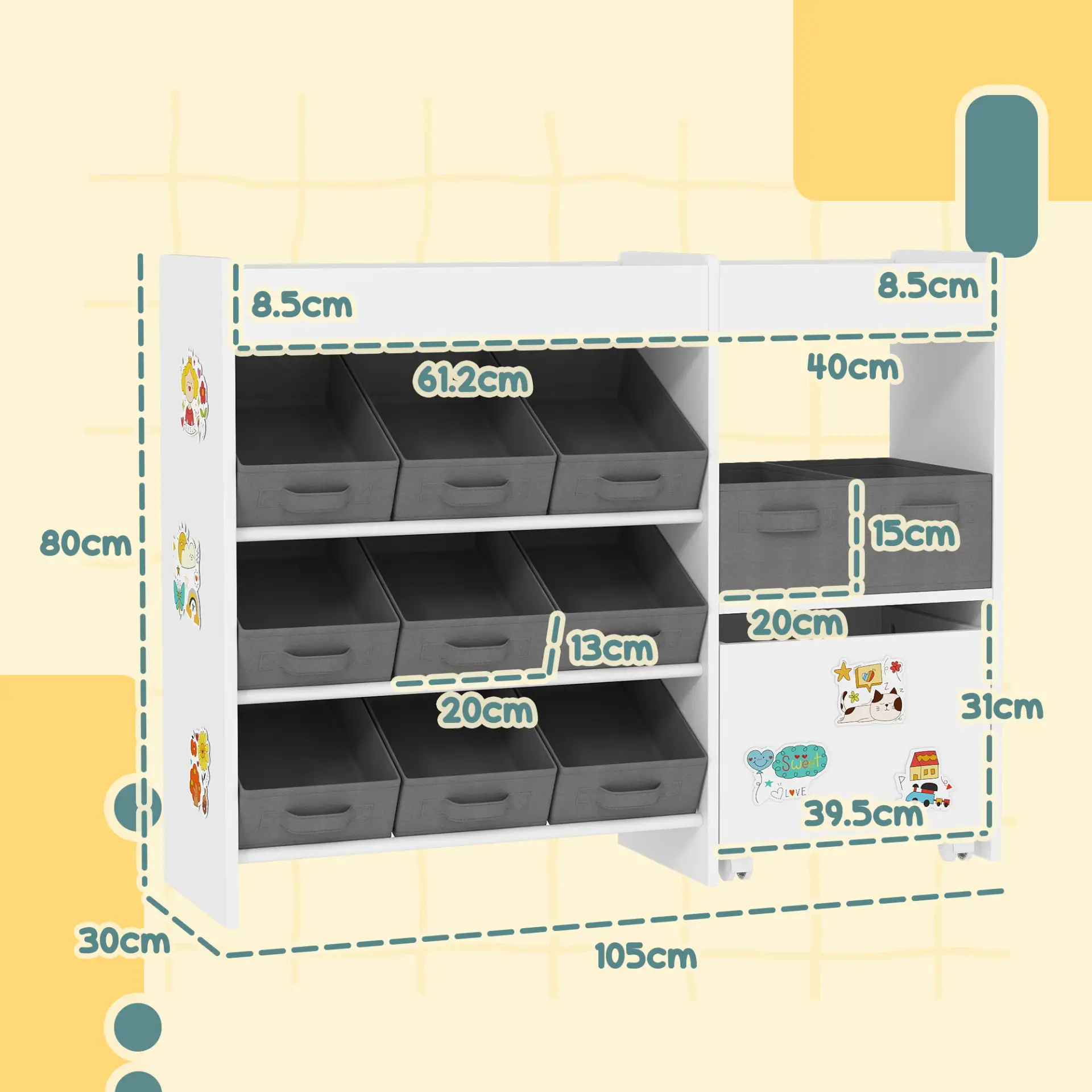 AIYAPLAY Kids Toy Storage Unit with 11 Bins, Cabinet, Top Shelves, 3 Stickers, for Nursery, Playroom, White by All Mart Bristol Ltd
