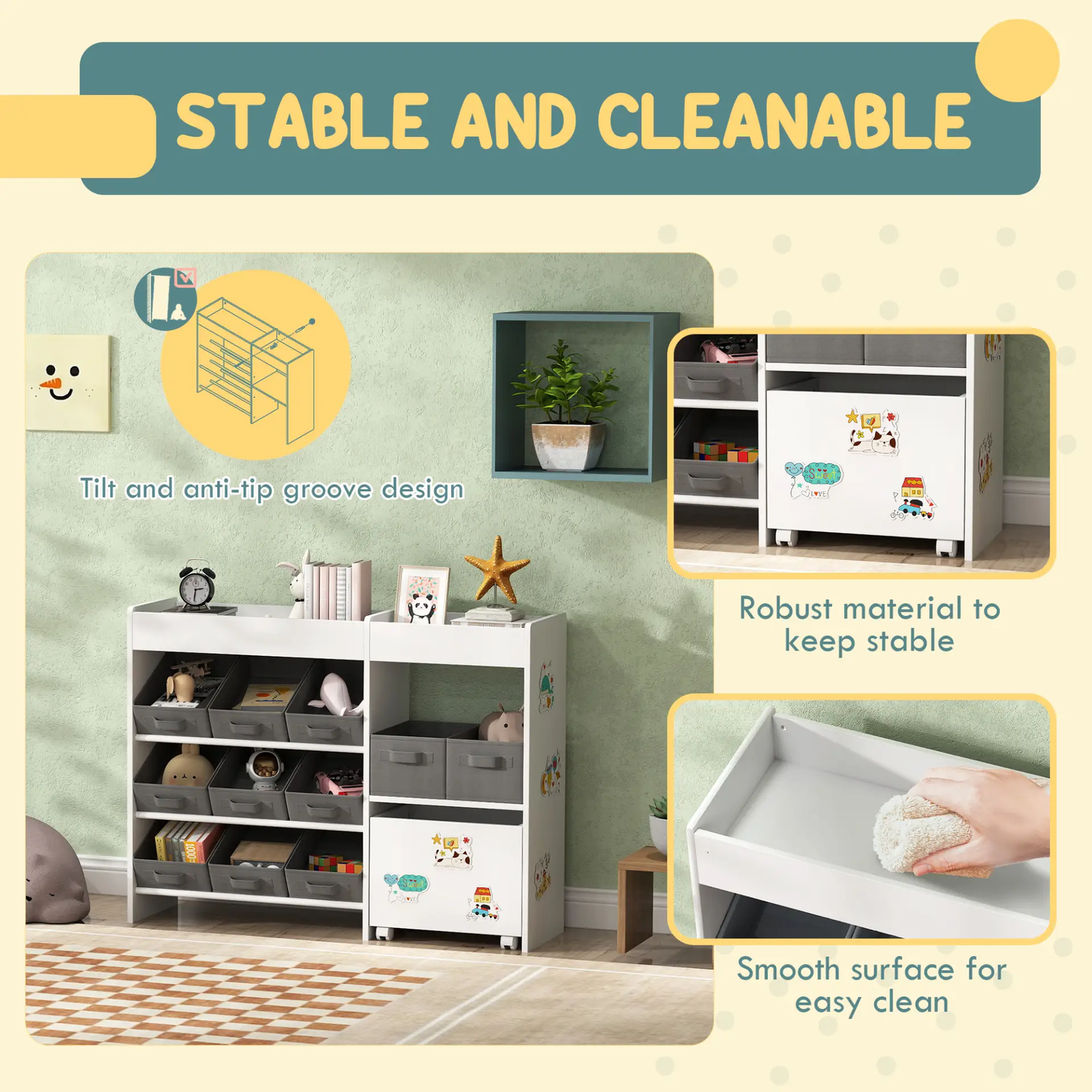 AIYAPLAY Kids Toy Storage Unit with 11 Bins, Cabinet, Top Shelves, 3 Stickers, for Nursery, Playroom, White by All Mart Bristol Ltd