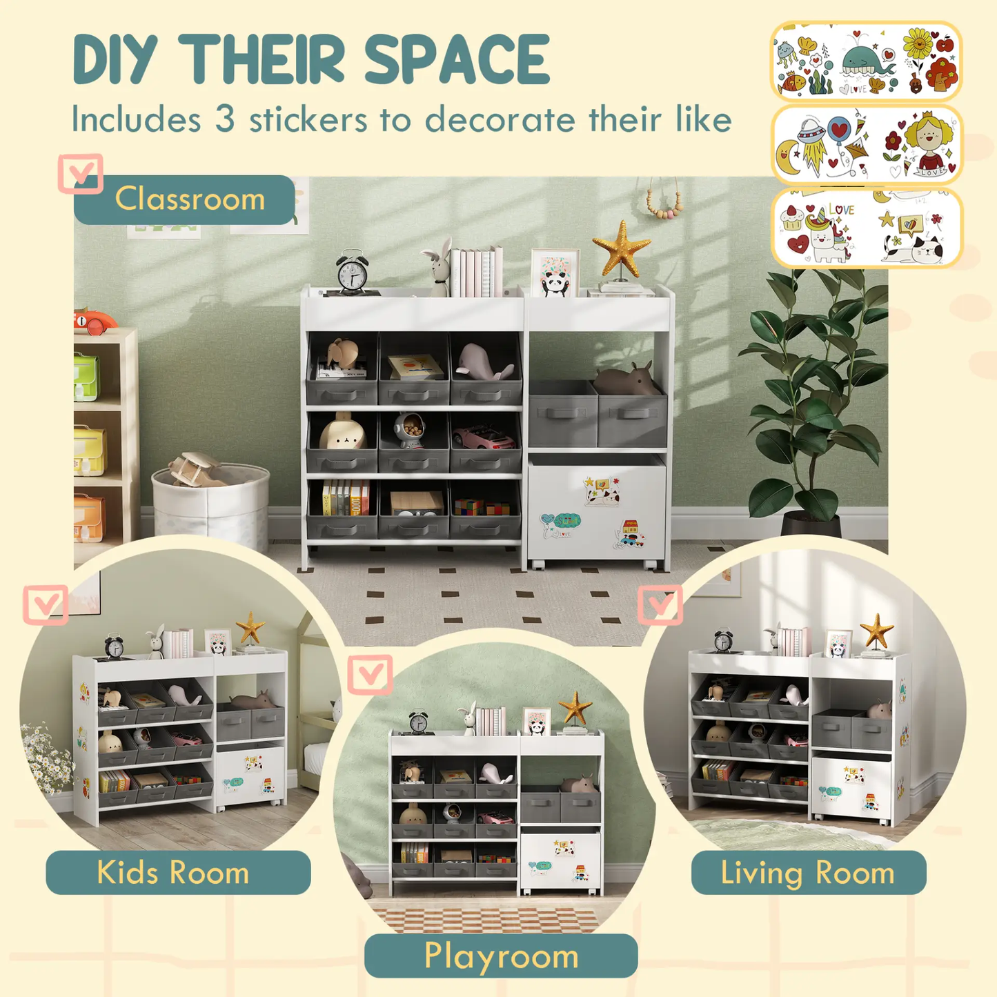 AIYAPLAY Kids Toy Storage Unit with 11 Bins, Cabinet, Top Shelves, 3 Stickers, for Nursery, Playroom, White by All Mart Bristol Ltd