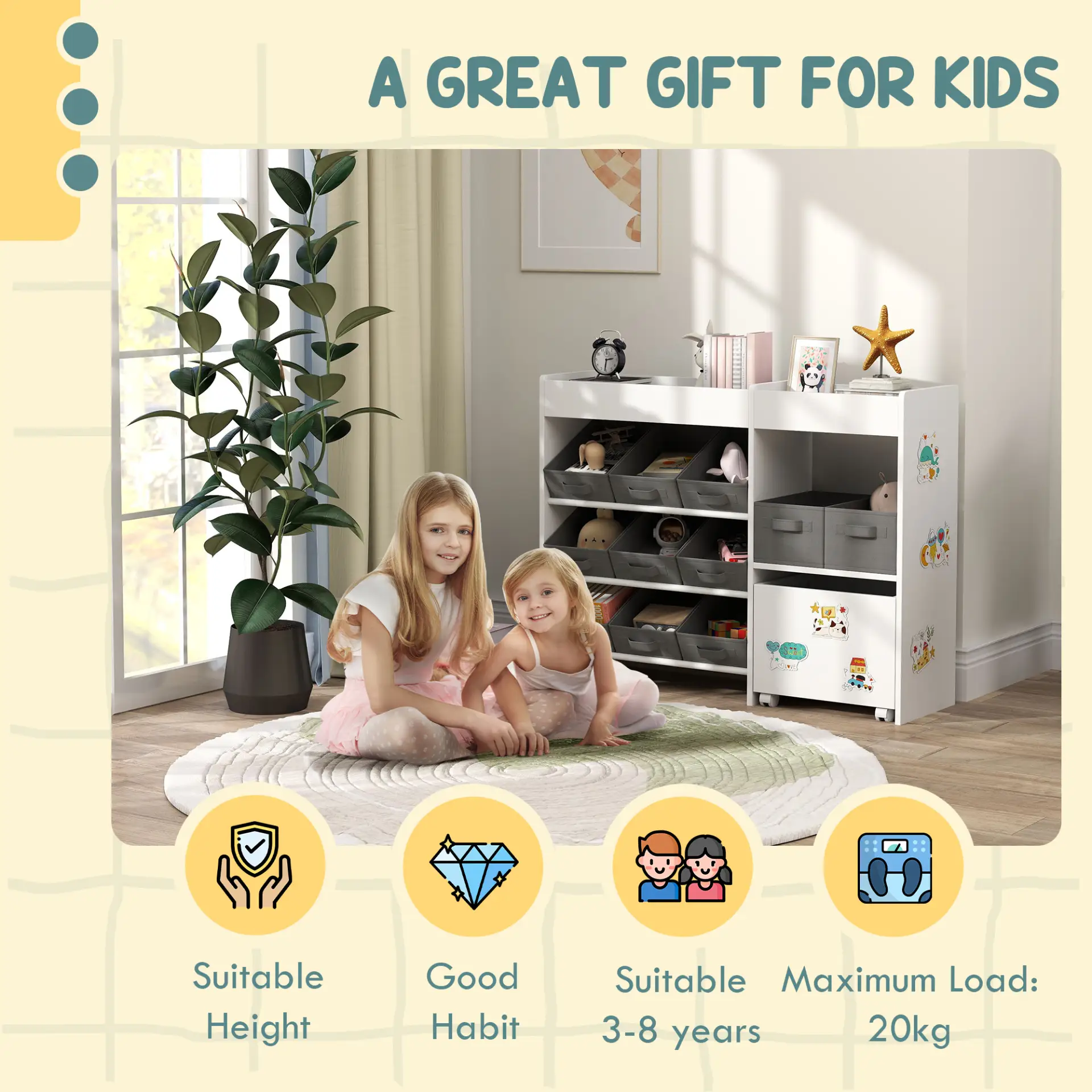 AIYAPLAY Kids Toy Storage Unit with 11 Bins, Cabinet, Top Shelves, 3 Stickers, for Nursery, Playroom, White by All Mart Bristol Ltd