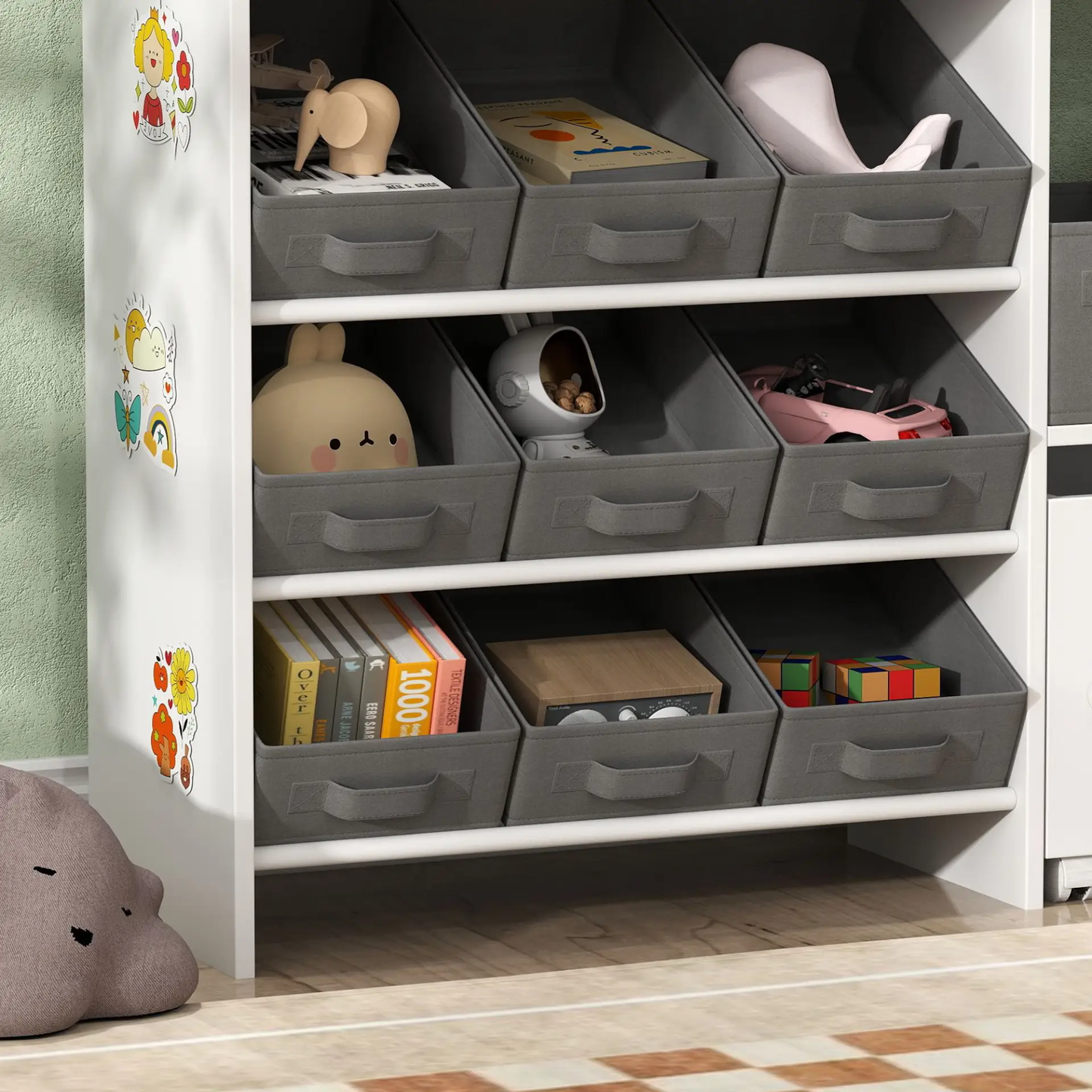 AIYAPLAY Kids Toy Storage Unit with 11 Bins, Cabinet, Top Shelves, 3 Stickers, for Nursery, Playroom, White by All Mart Bristol Ltd