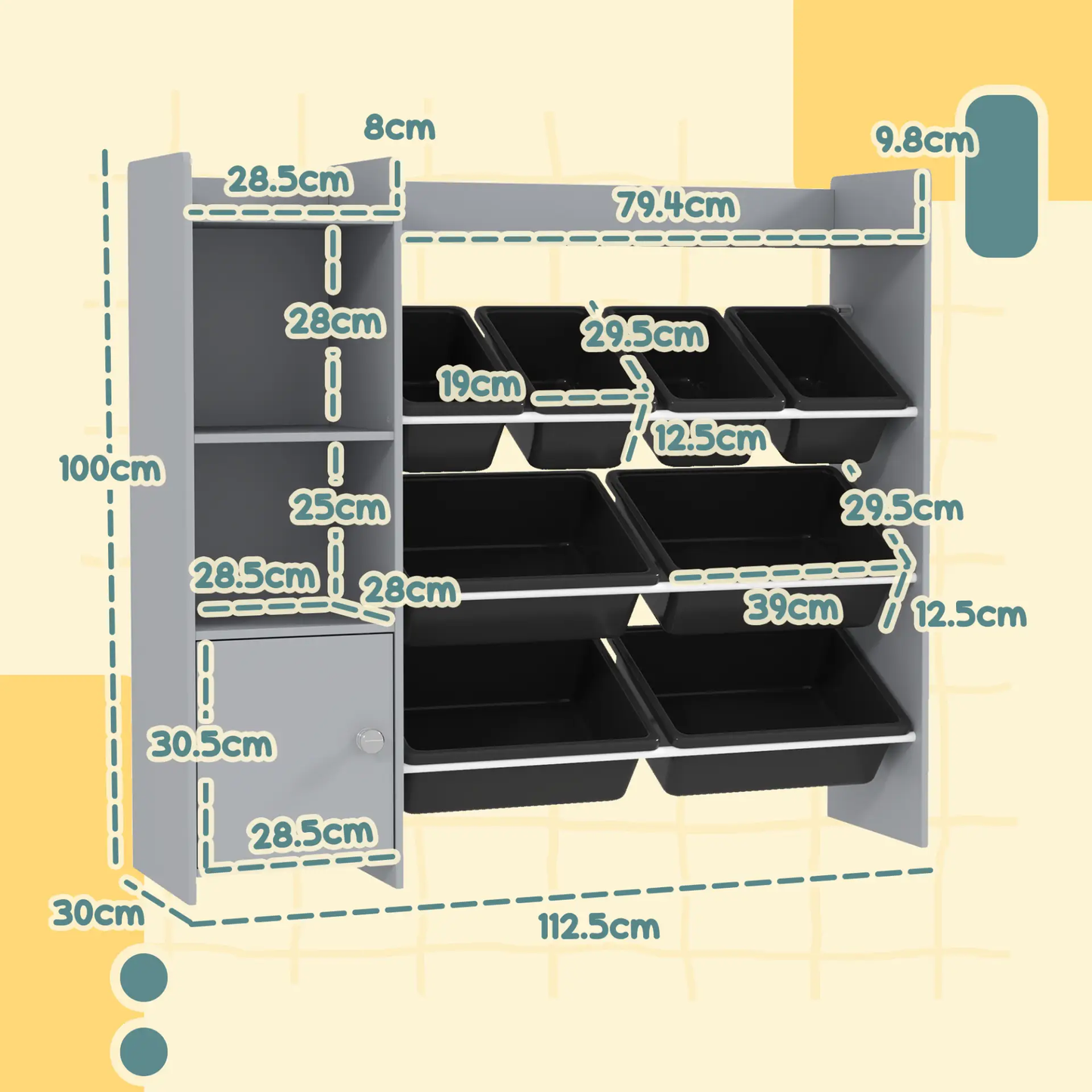 AIYAPLAY Toy Storage Unit with 8 Removable Bins, Storage Shelves, Cabinet, Grey by All Mart Bristol Ltd