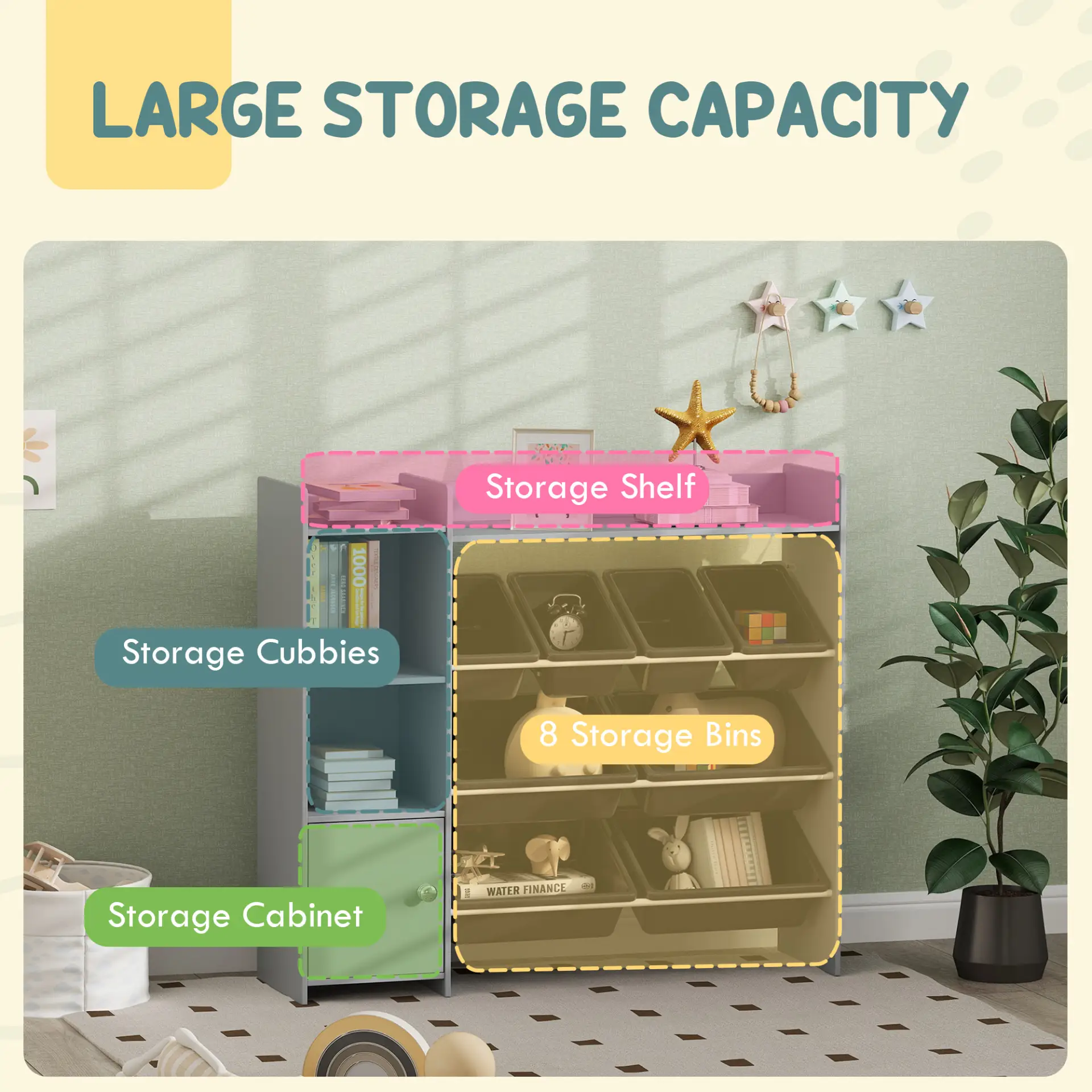 AIYAPLAY Toy Storage Unit with 8 Removable Bins, Storage Shelves, Cabinet, Grey by All Mart Bristol Ltd