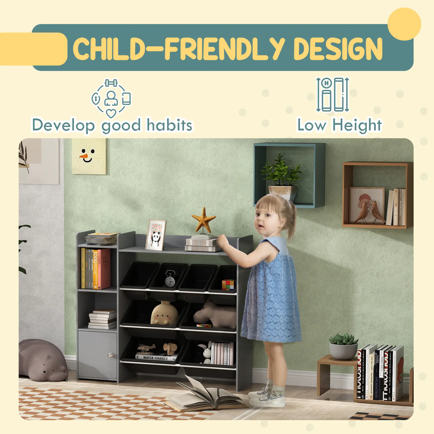 AIYAPLAY Toy Storage Unit with 8 Removable Bins, Storage Shelves, Cabinet, Grey by All Mart Bristol Ltd