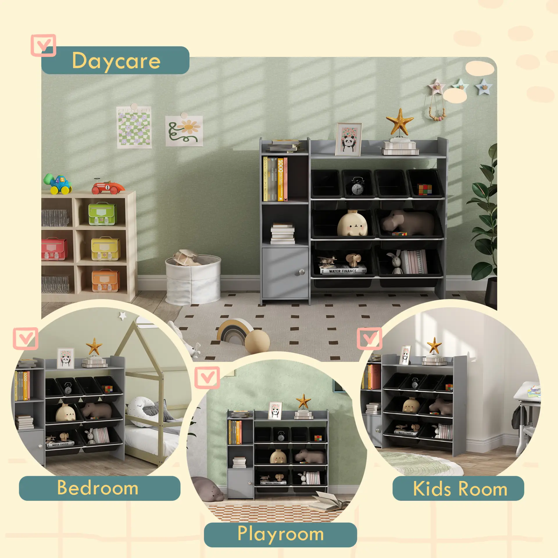AIYAPLAY Toy Storage Unit with 8 Removable Bins, Storage Shelves, Cabinet, Grey by All Mart Bristol Ltd