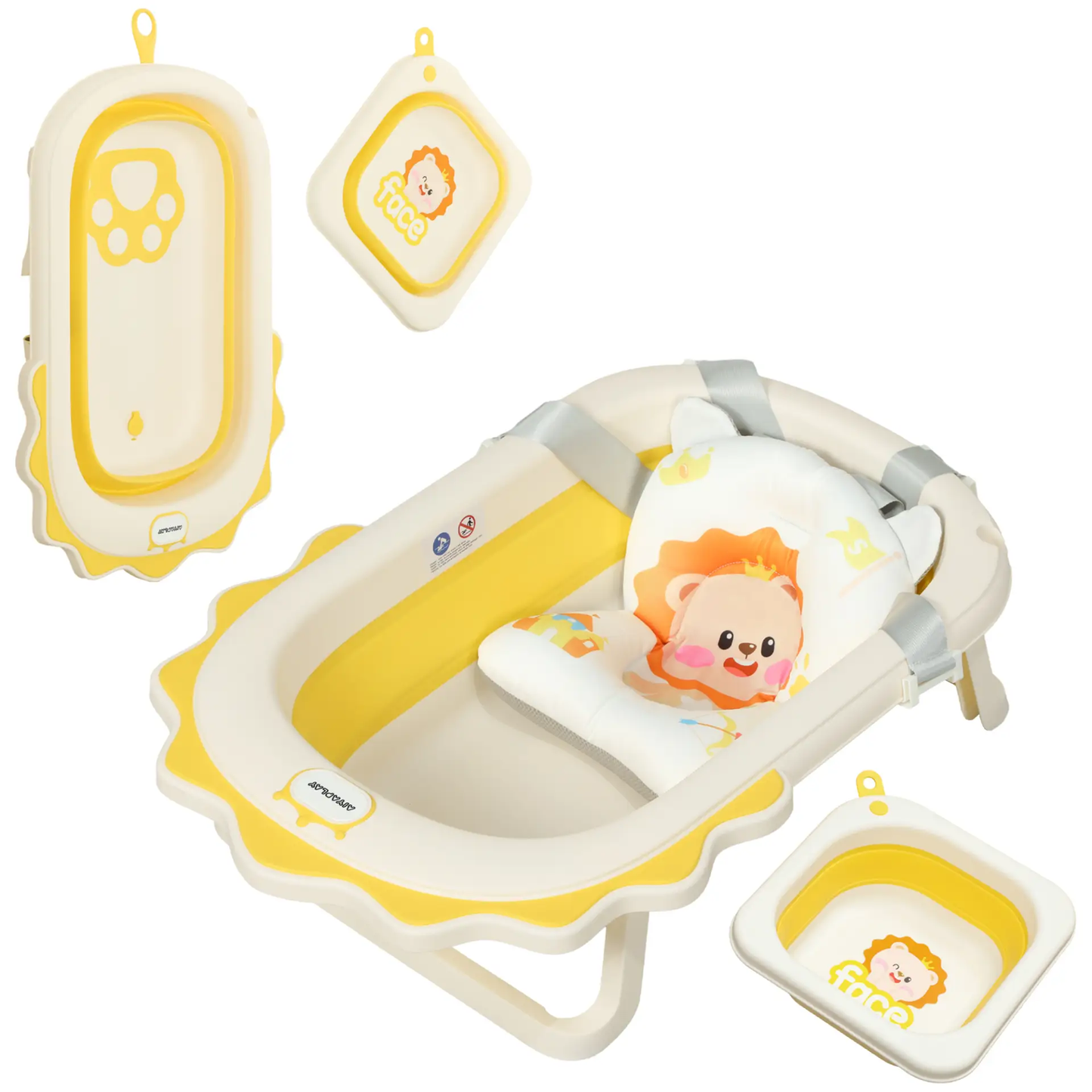 AIYAPLAY Foldable Baby Bath Tub Set with Bath Cushion, Wash Basin, Non-Slip Stand, Bottom, Yellow by All Mart Bristol Ltd