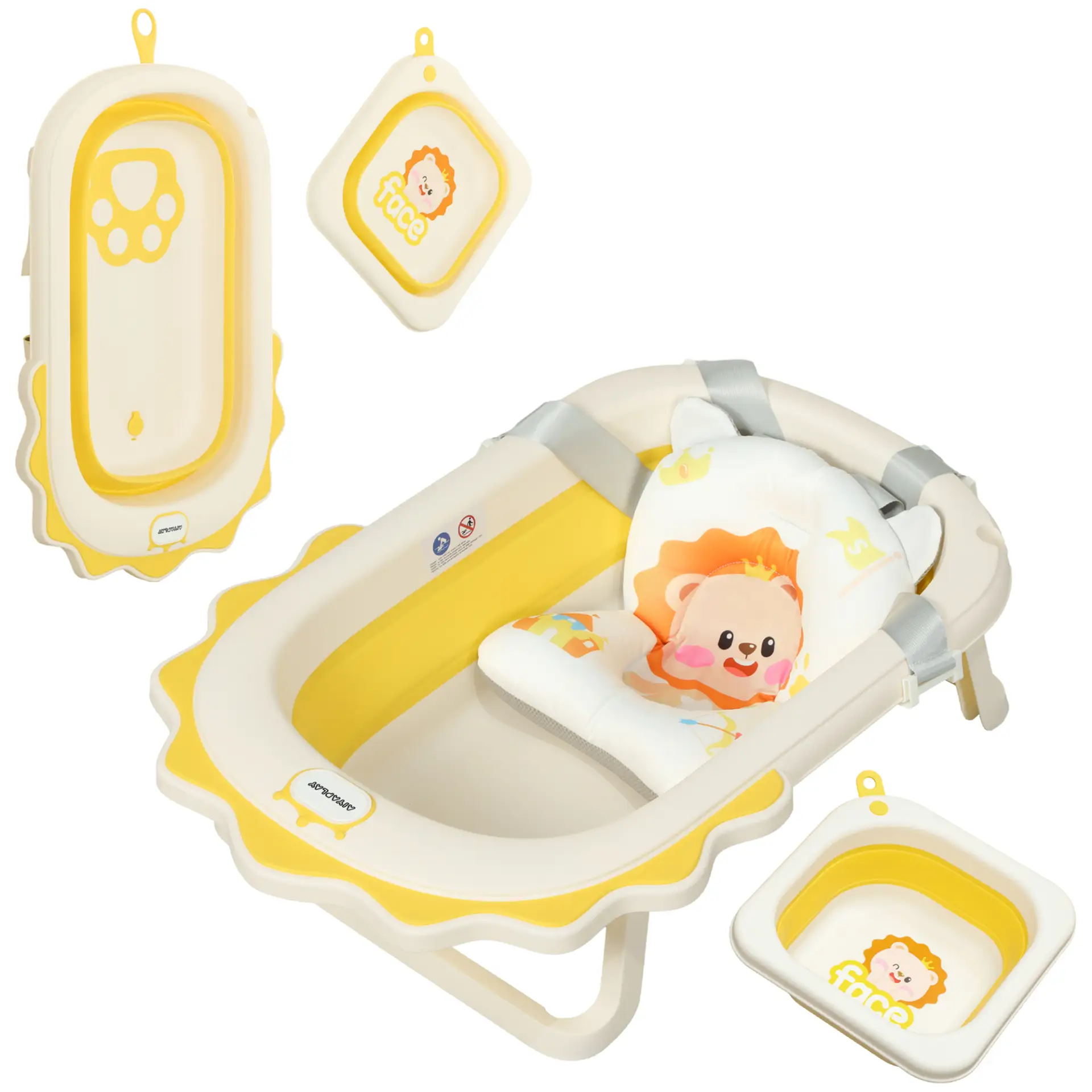 AIYAPLAY Foldable Baby Bath Tub Set with Bath Cushion, Wash Basin, Non-Slip Stand, Bottom, Yellow by All Mart Bristol Ltd
