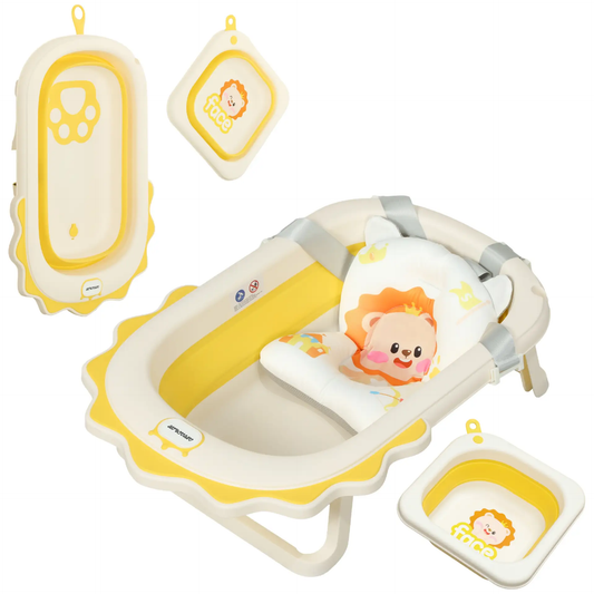 AIYAPLAY Foldable Baby Bath Tub Set with Bath Cushion, Wash Basin, Non-Slip Stand, Bottom, Yellow by All Mart Bristol Ltd