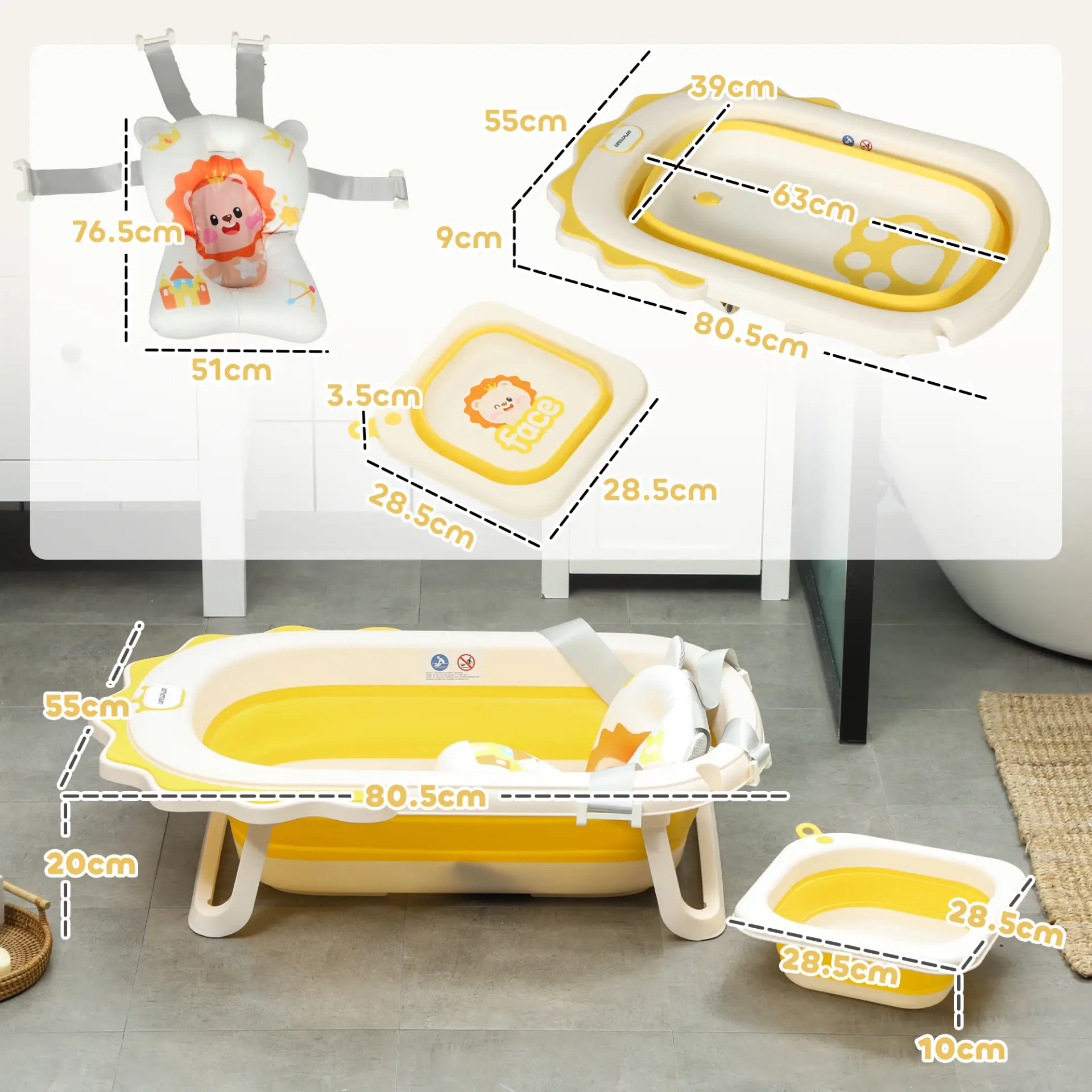 AIYAPLAY Foldable Baby Bath Tub Set with Bath Cushion, Wash Basin, Non-Slip Stand, Bottom, Yellow by All Mart Bristol Ltd