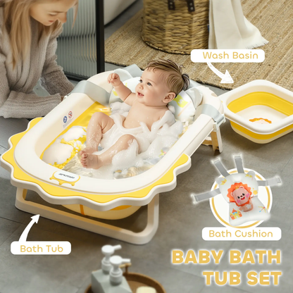 AIYAPLAY Foldable Baby Bath Tub Set with Bath Cushion, Wash Basin, Non-Slip Stand, Bottom, Yellow by All Mart Bristol Ltd