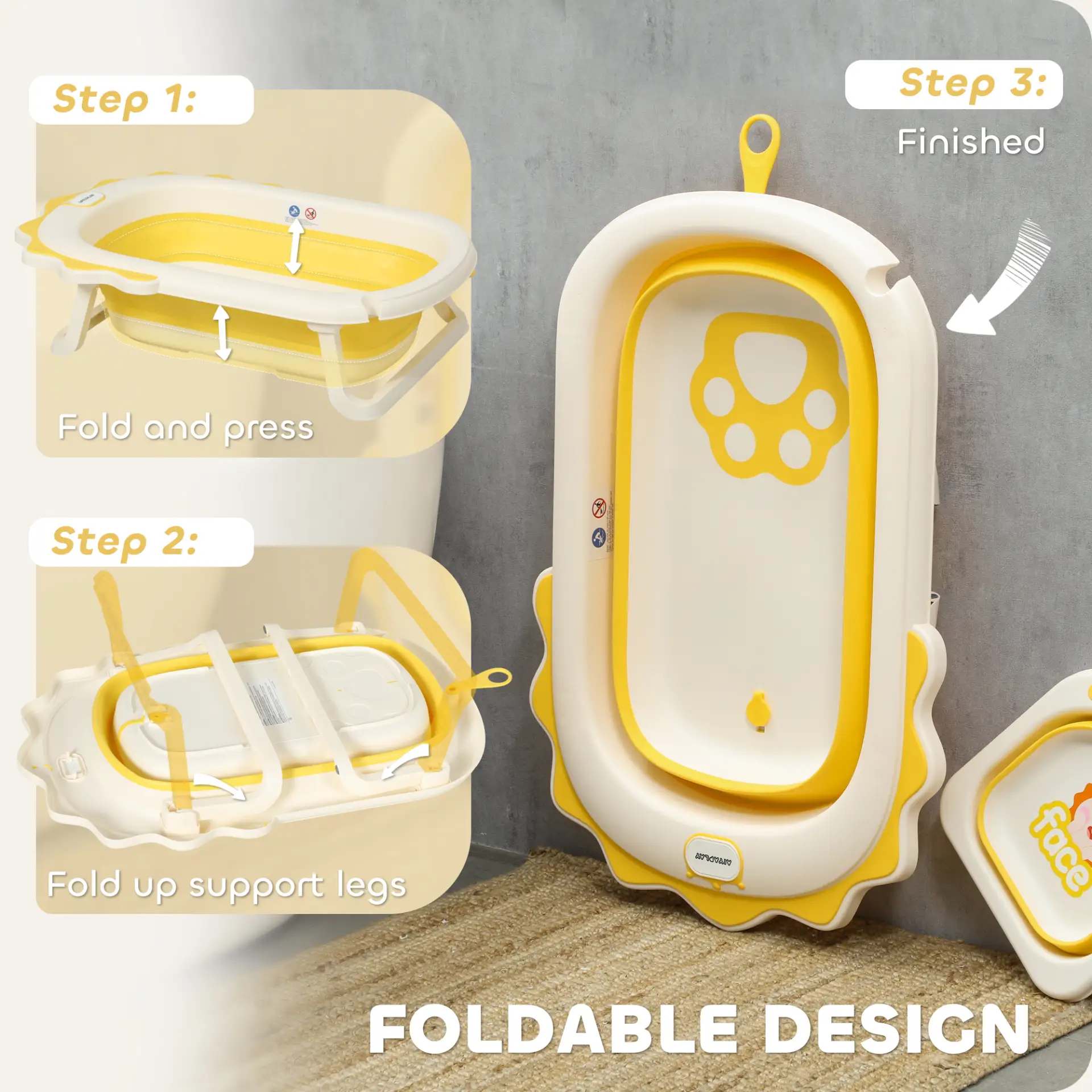 AIYAPLAY Foldable Baby Bath Tub Set with Bath Cushion, Wash Basin, Non-Slip Stand, Bottom, Yellow by All Mart Bristol Ltd