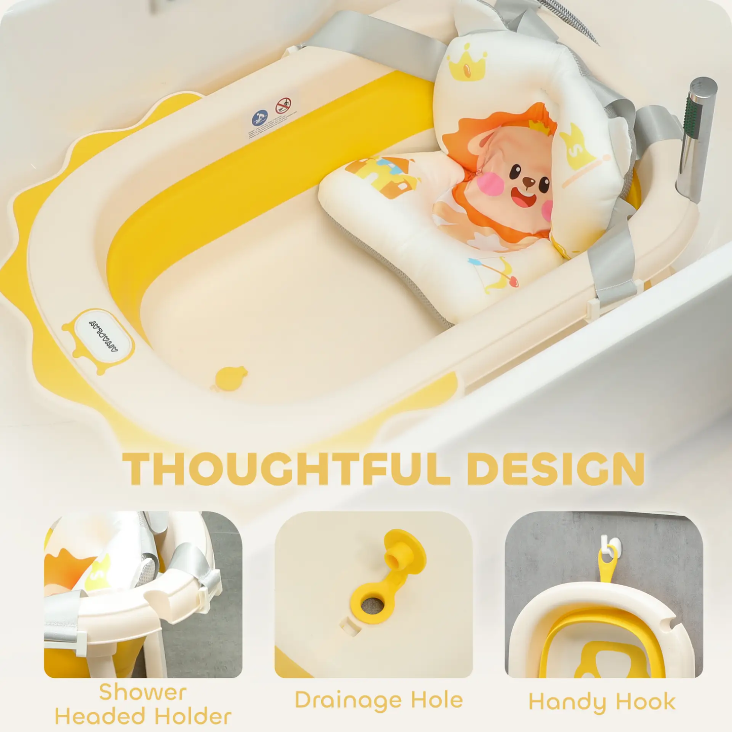 AIYAPLAY Foldable Baby Bath Tub Set with Bath Cushion, Wash Basin, Non-Slip Stand, Bottom, Yellow by All Mart Bristol Ltd