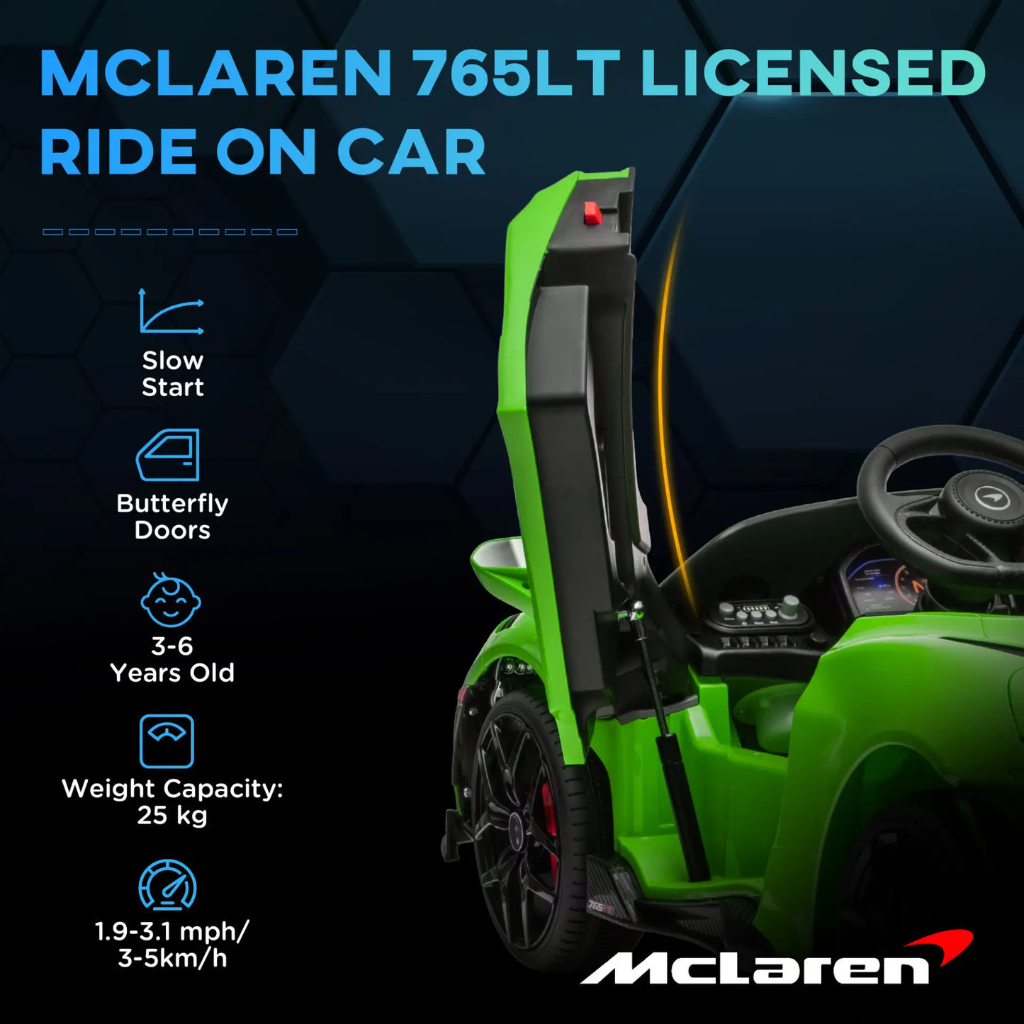 AIYAPLAY McLaren 765LT Licensed 12V Kids Electric Ride on Car with Butterfly Doors, Remote Control, Transport Wheels, Green by All Mart Bristol Ltd