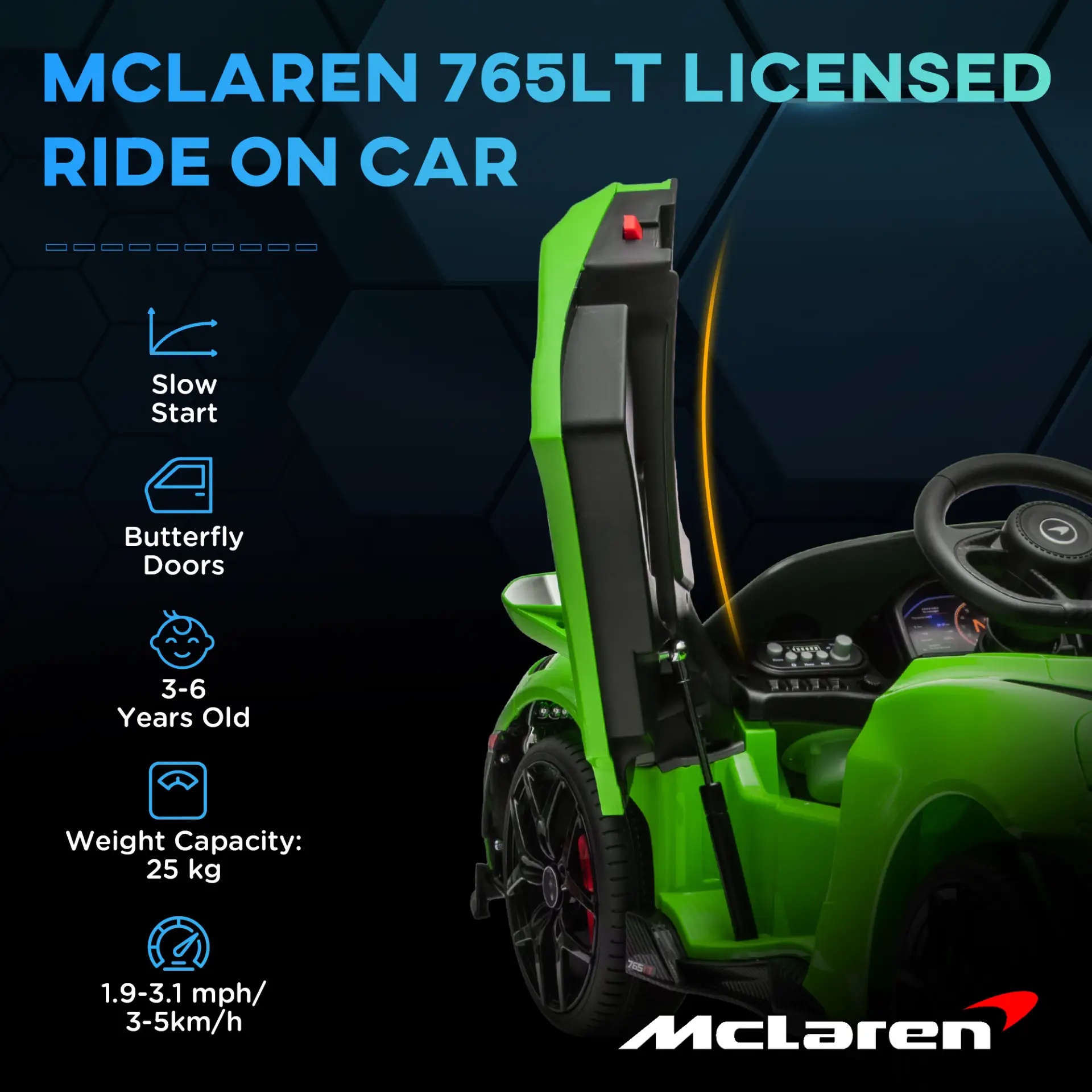 AIYAPLAY McLaren 765LT Licensed 12V Kids Electric Ride on Car with Butterfly Doors, Remote Control, Transport Wheels, Green by All Mart Bristol Ltd