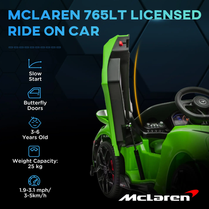 AIYAPLAY McLaren 765LT Licensed 12V Kids Electric Ride on Car with Butterfly Doors, Remote Control, Transport Wheels, Green by All Mart Bristol Ltd