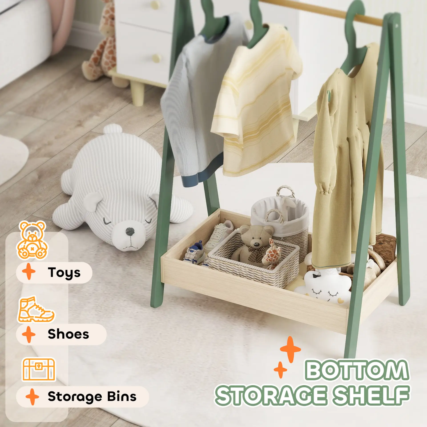 AIYAPLAY Kids Clothes Rail with 3Hangers, Bottom Storage Shelf for Girls, Boys, Nursery, Bedroom, Green by All Mart Bristol Ltd