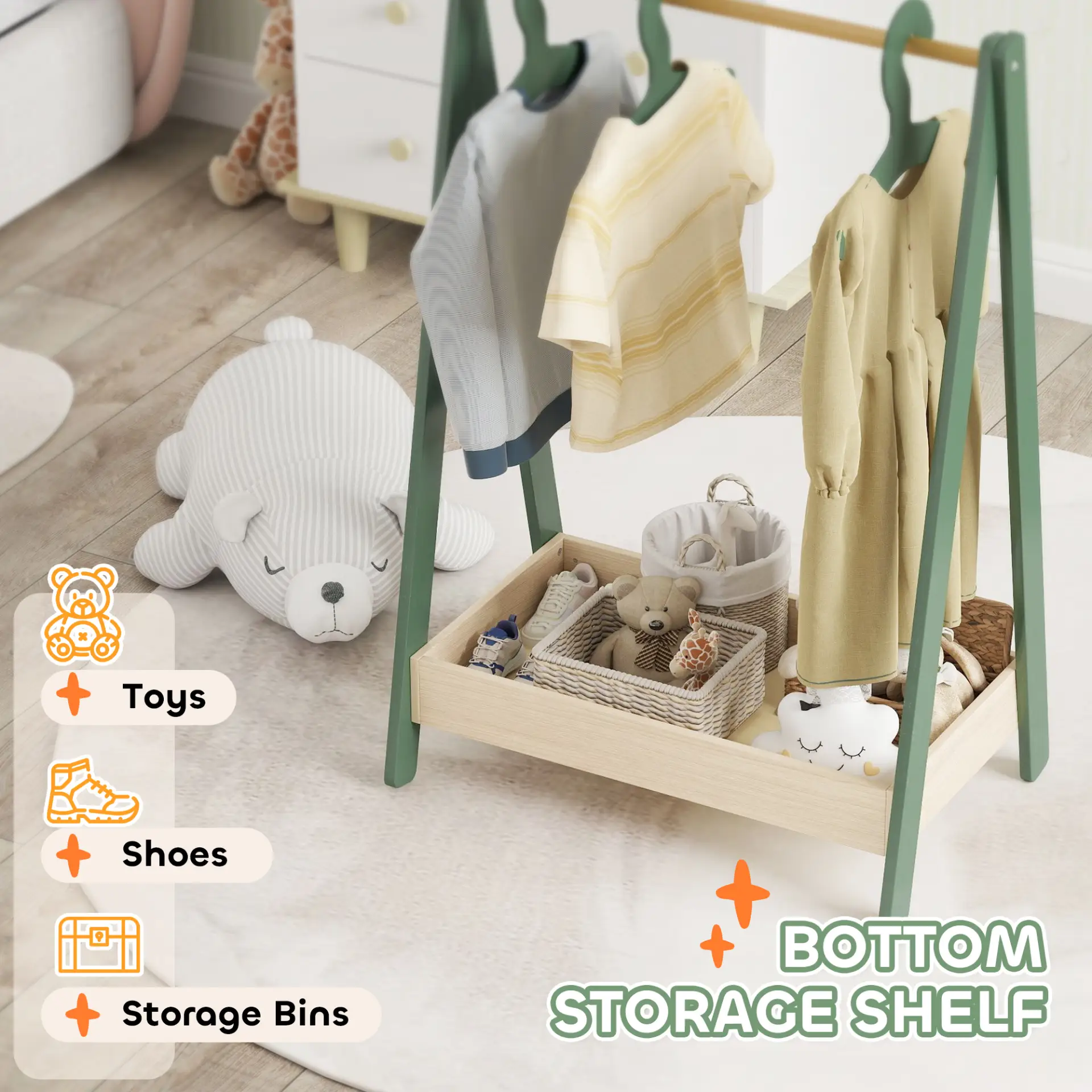 AIYAPLAY Kids Clothes Rail with 3Hangers, Bottom Storage Shelf for Girls, Boys, Nursery, Bedroom, Green by All Mart Bristol Ltd