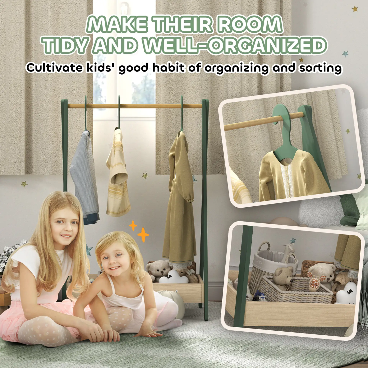 AIYAPLAY Kids Clothes Rail with 3Hangers, Bottom Storage Shelf for Girls, Boys, Nursery, Bedroom, Green by All Mart Bristol Ltd