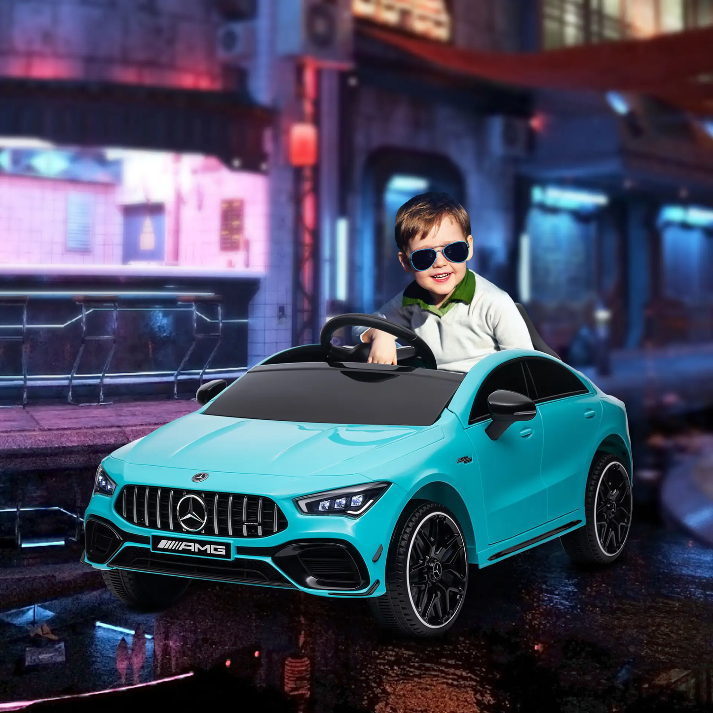 AIYAPLAY Mercedes-Benz AMG CLA 45 Licensed 12V Kids Electric Car Ride on Car w/ Remote, Suspension Lights Music Horn - Light Blue by All Mart Bristol Ltd