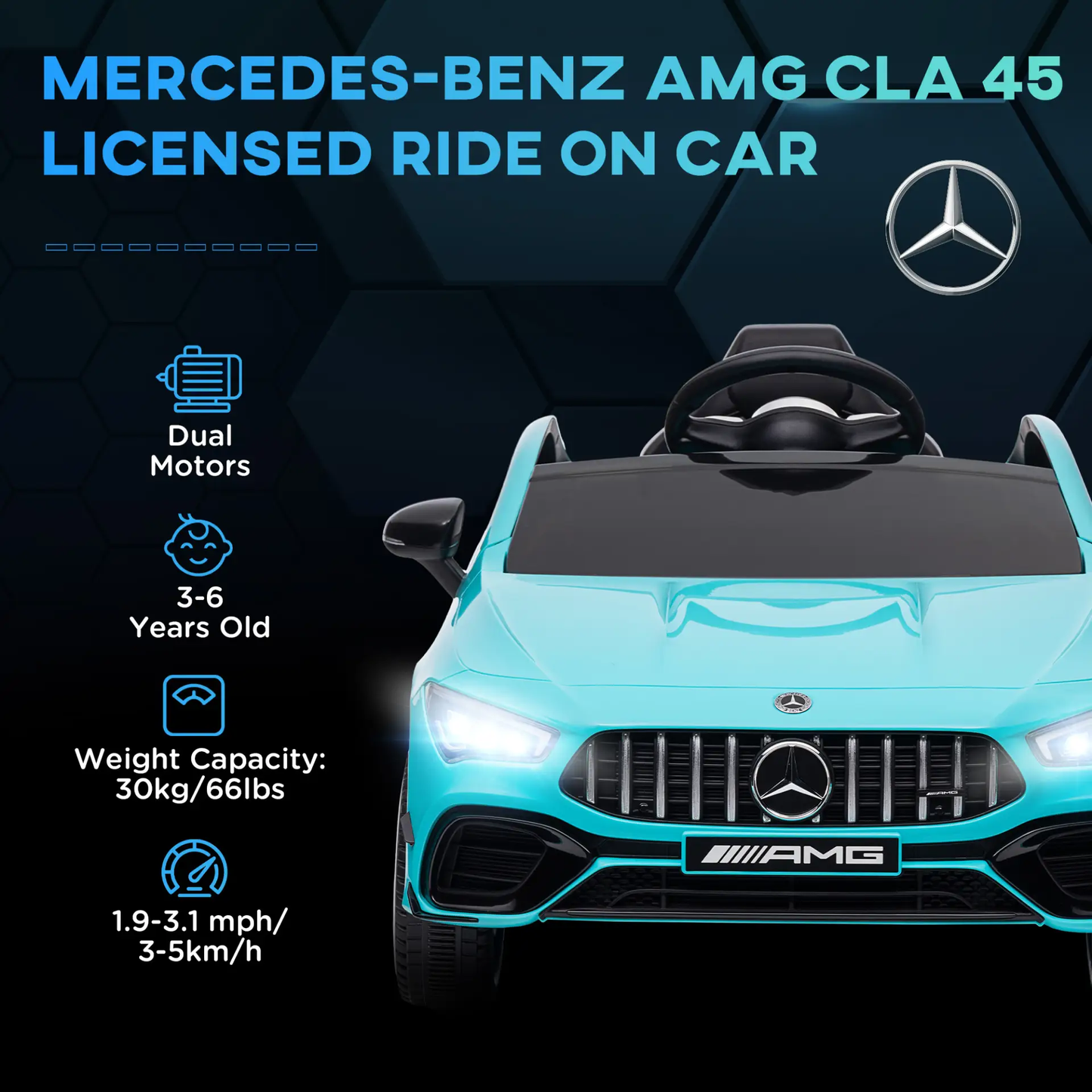 AIYAPLAY Mercedes-Benz AMG CLA 45 Licensed 12V Kids Electric Car Ride on Car w/ Remote, Suspension Lights Music Horn - Light Blue by All Mart Bristol Ltd