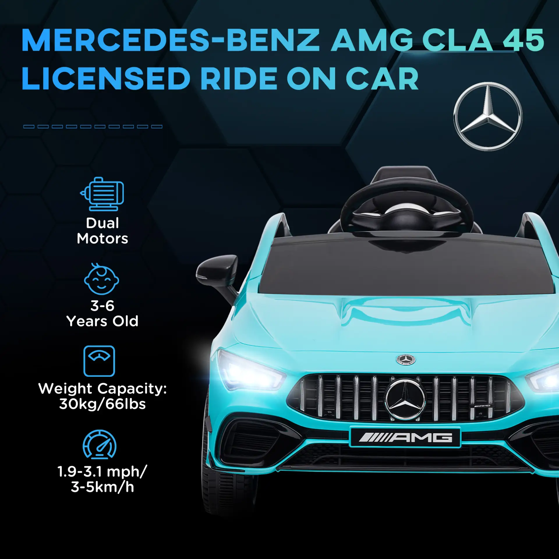 AIYAPLAY Mercedes-Benz AMG CLA 45 Licensed 12V Kids Electric Car Ride on Car w/ Remote, Suspension Lights Music Horn - Light Blue by All Mart Bristol Ltd