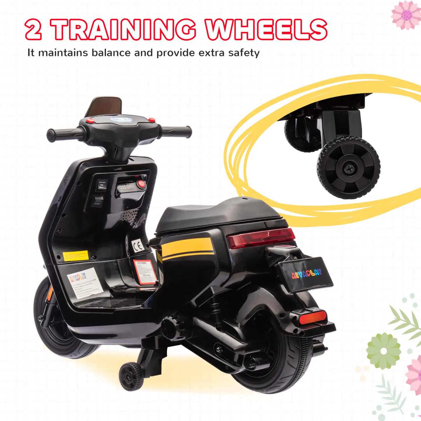 AIYAPLAY 6V Ride on Motorbike, Kids Electric Motorbike w/ Headlights, Music, Training Wheels, for Ages 18-36 Months, Black by All Mart Bristol Ltd