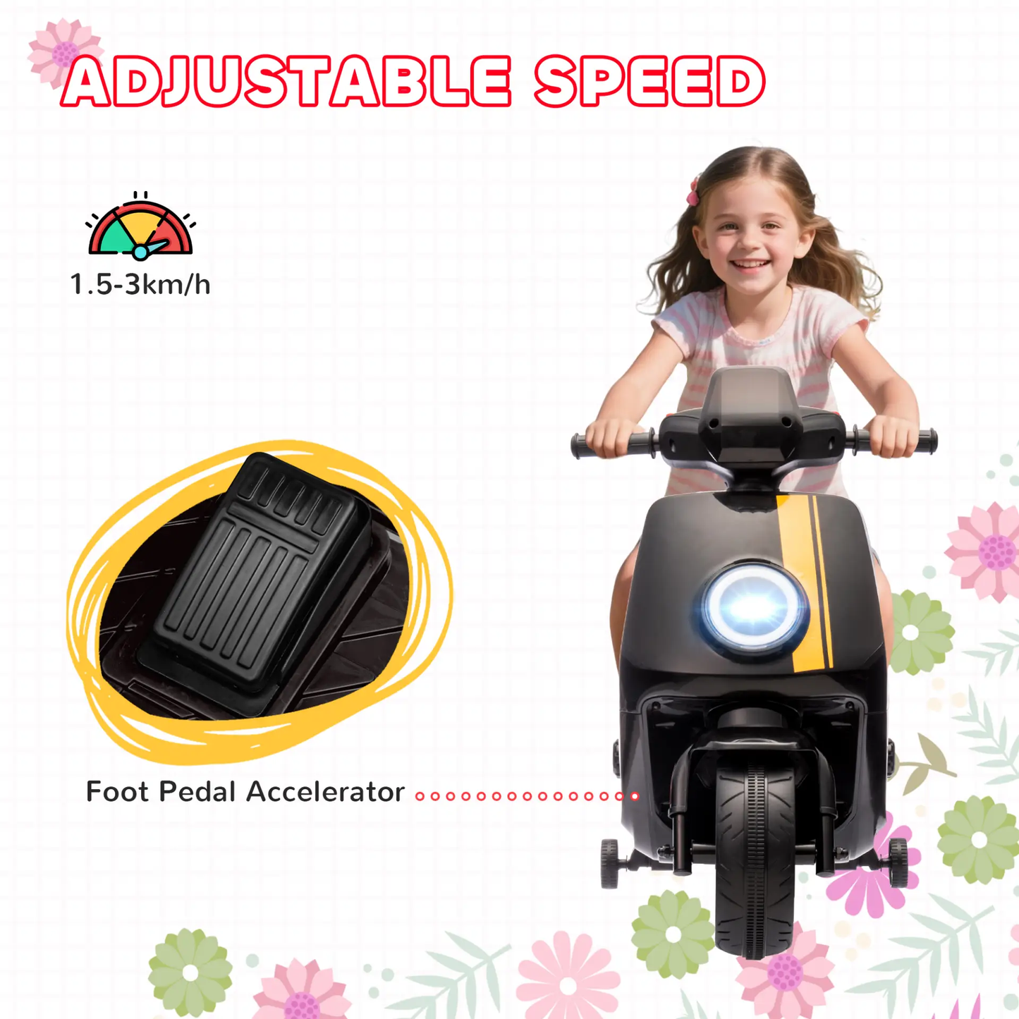 AIYAPLAY 6V Ride on Motorbike, Kids Electric Motorbike w/ Headlights, Music, Training Wheels, for Ages 18-36 Months, Black by All Mart Bristol Ltd