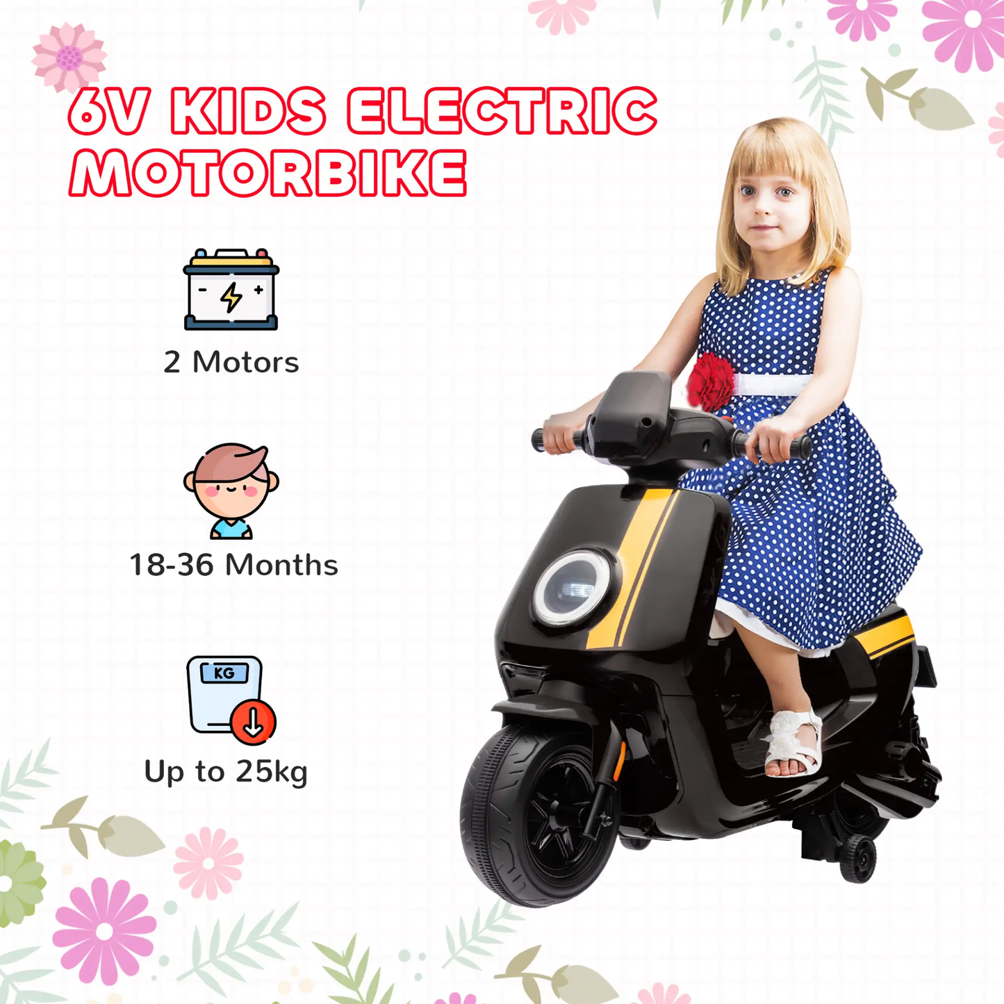 AIYAPLAY 6V Ride on Motorbike, Kids Electric Motorbike w/ Headlights, Music, Training Wheels, for Ages 18-36 Months, Black by All Mart Bristol Ltd
