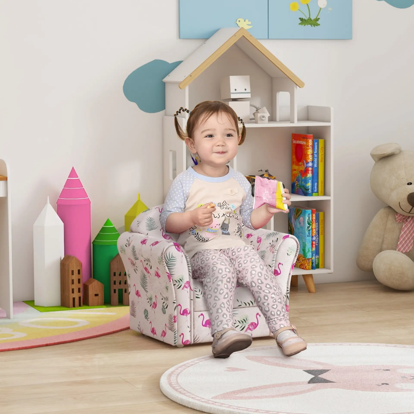 AIYAPLAY Kids Armchair with Flamingo Design, Wooden Frame, for Bedroom, Playroom, Kids Room - Pink by All Mart Bristol Ltd