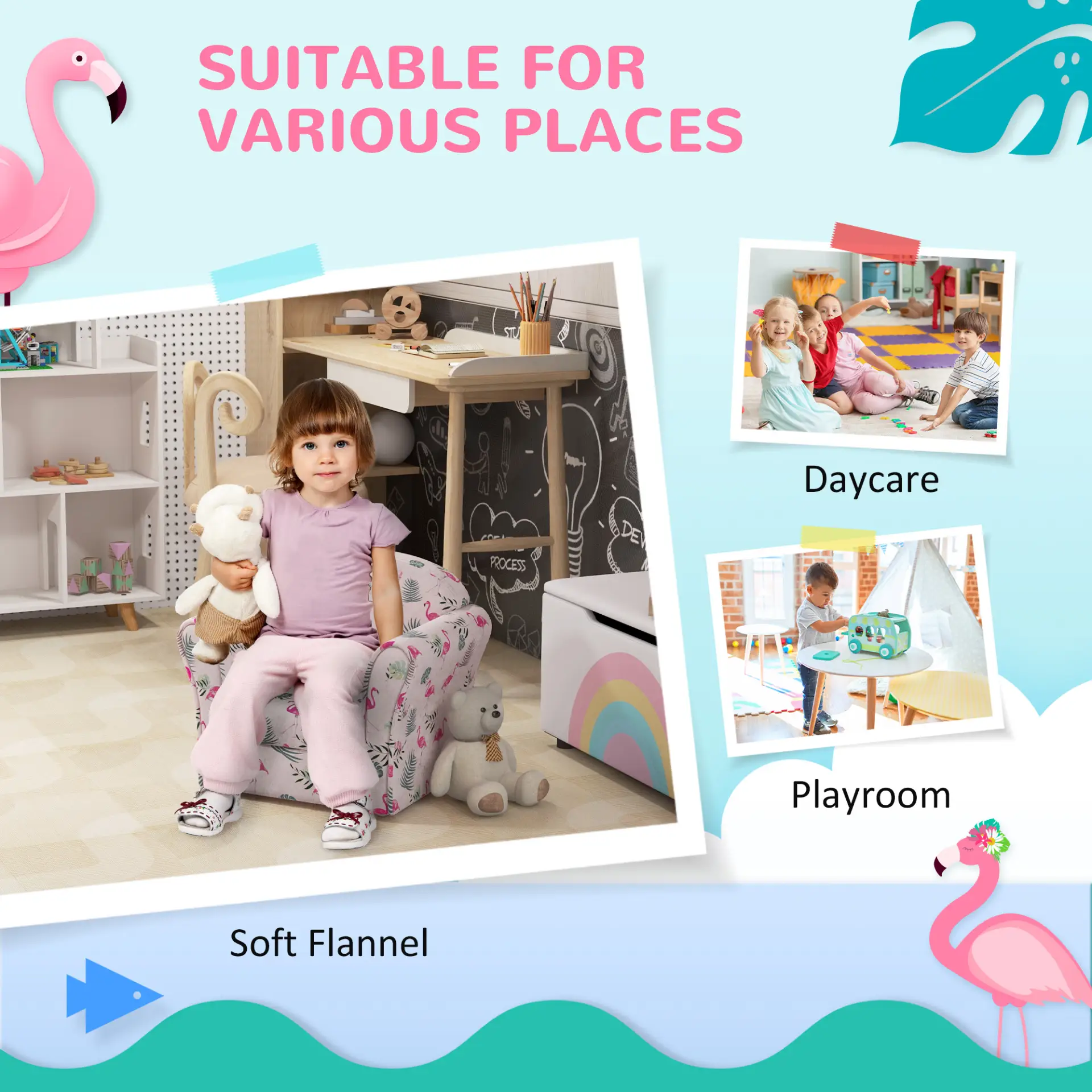 AIYAPLAY Kids Armchair with Flamingo Design, Wooden Frame, for Bedroom, Playroom, Kids Room - Pink by All Mart Bristol Ltd