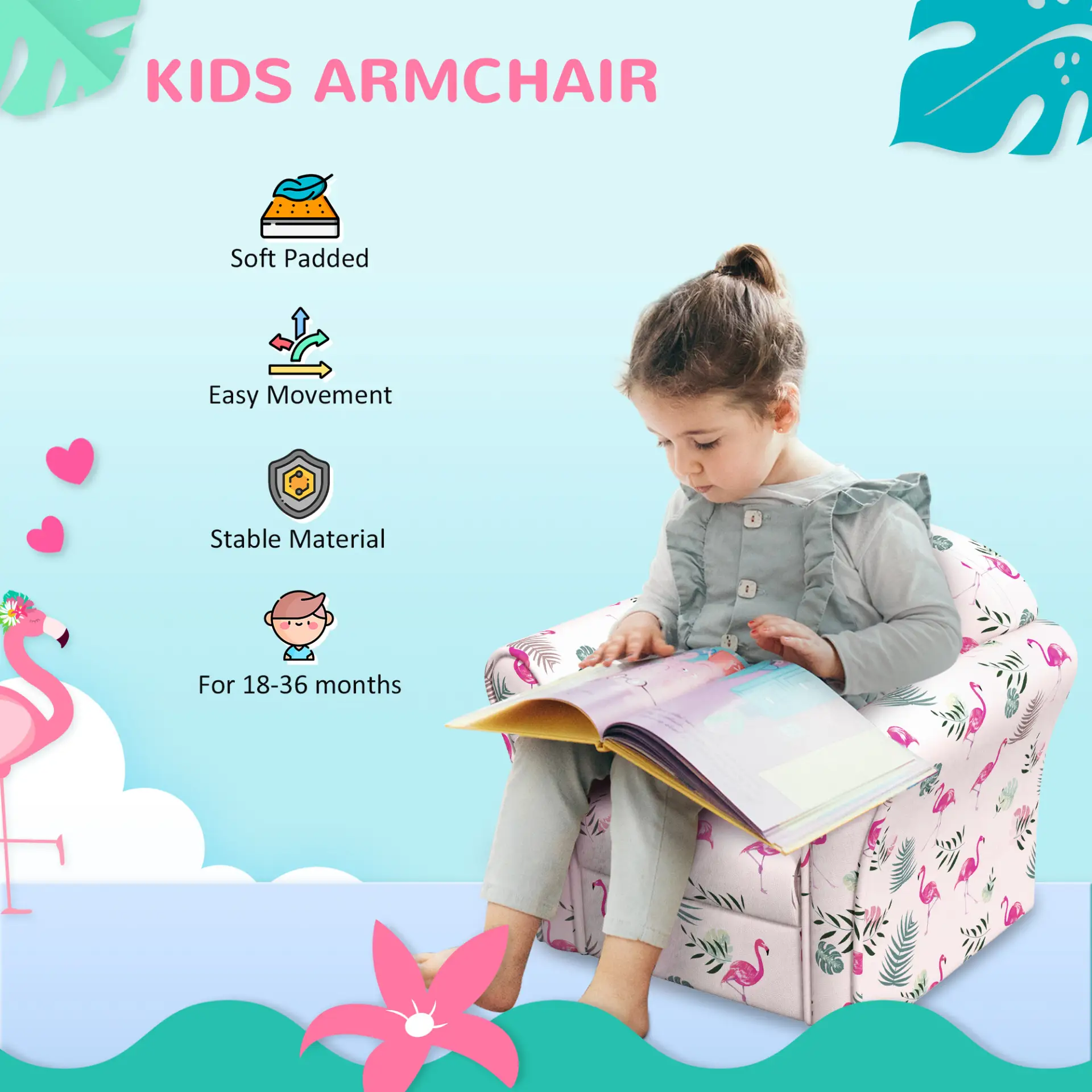 AIYAPLAY Kids Armchair with Flamingo Design, Wooden Frame, for Bedroom, Playroom, Kids Room - Pink by All Mart Bristol Ltd
