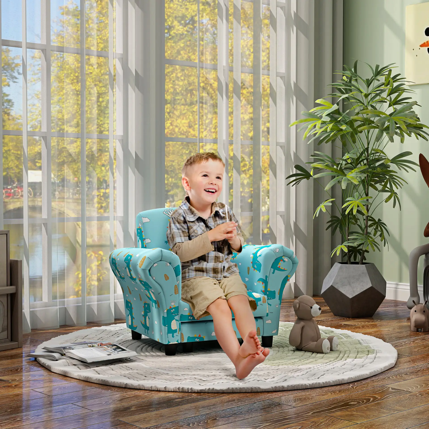 AIYAPLAY 2 Piece Kids Sofa Set with Dinosaur Design, Wooden Frame, for 1.5-3 Years Old, Blue by All Mart Bristol Ltd