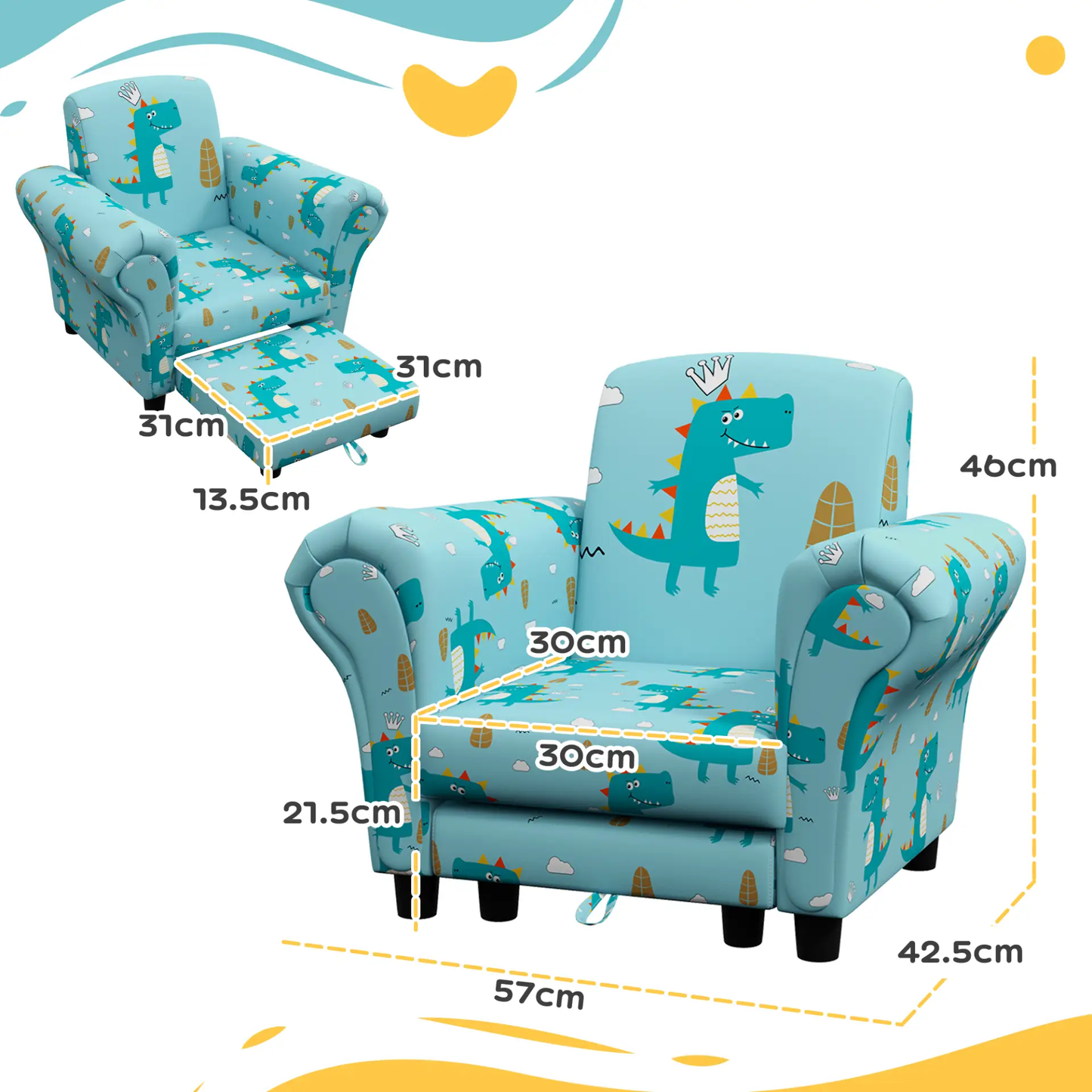 AIYAPLAY 2 Piece Kids Sofa Set with Dinosaur Design, Wooden Frame, for 1.5-3 Years Old, Blue by All Mart Bristol Ltd