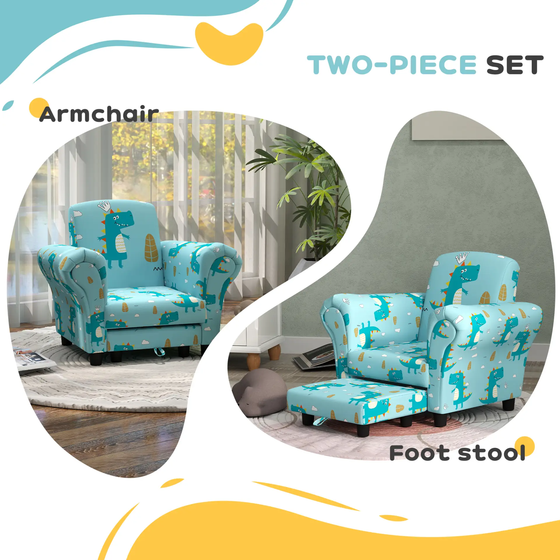 AIYAPLAY 2 Piece Kids Sofa Set with Dinosaur Design, Wooden Frame, for 1.5-3 Years Old, Blue by All Mart Bristol Ltd