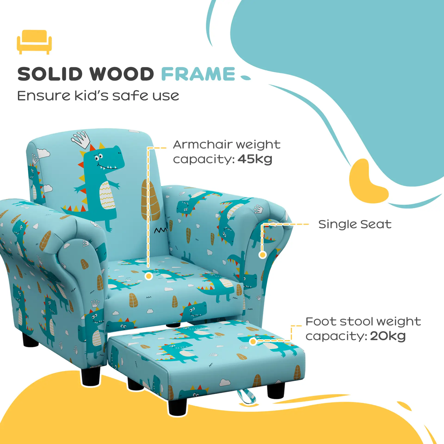 AIYAPLAY 2 Piece Kids Sofa Set with Dinosaur Design, Wooden Frame, for 1.5-3 Years Old, Blue by All Mart Bristol Ltd