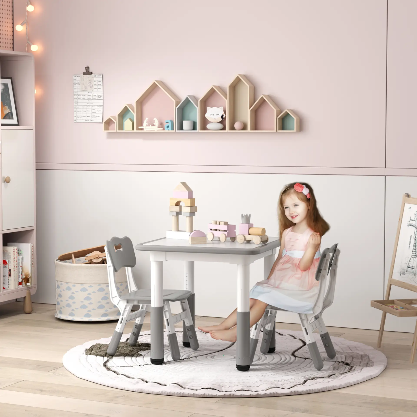 AIYAPLAY Height Adjustable Toddler Table and Chair Set, 3 Pcs Children Activity Table w/ 2 Chairs, for Playroom, Bedroom - Grey by All Mart Bristol Ltd
