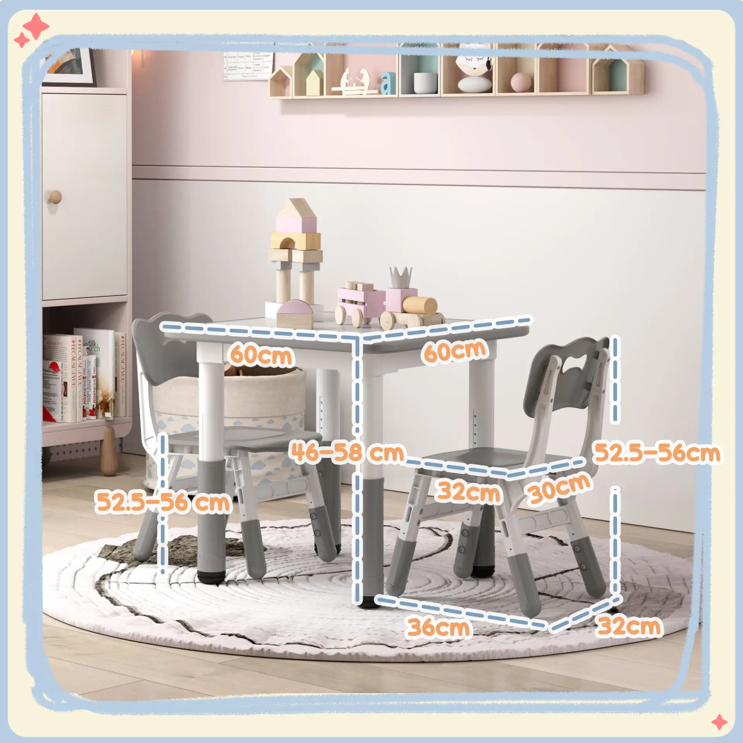 AIYAPLAY Height Adjustable Toddler Table and Chair Set, 3 Pcs Children Activity Table w/ 2 Chairs, for Playroom, Bedroom - Grey by All Mart Bristol Ltd