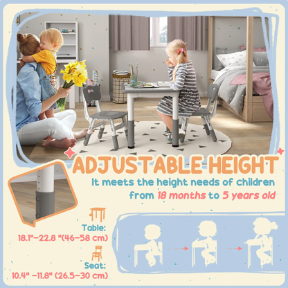 AIYAPLAY Height Adjustable Toddler Table and Chair Set, 3 Pcs Children Activity Table w/ 2 Chairs, for Playroom, Bedroom - Grey by All Mart Bristol Ltd