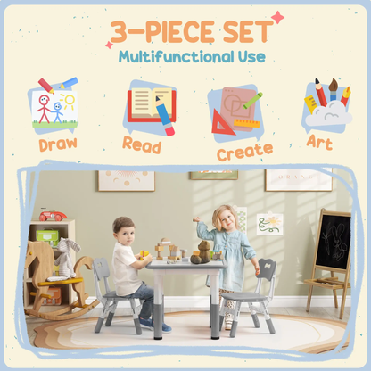 AIYAPLAY Height Adjustable Toddler Table and Chair Set, 3 Pcs Children Activity Table w/ 2 Chairs, for Playroom, Bedroom - Grey by All Mart Bristol Ltd