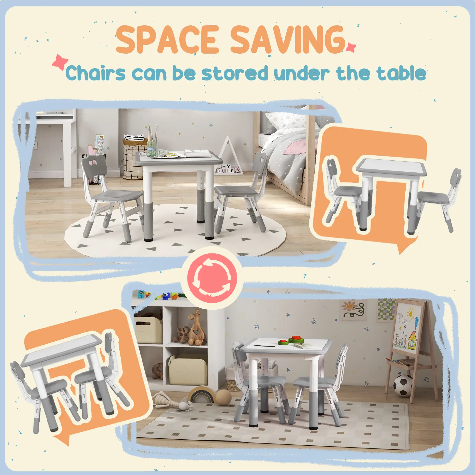 AIYAPLAY Height Adjustable Toddler Table and Chair Set, 3 Pcs Children Activity Table w/ 2 Chairs, for Playroom, Bedroom - Grey by All Mart Bristol Ltd