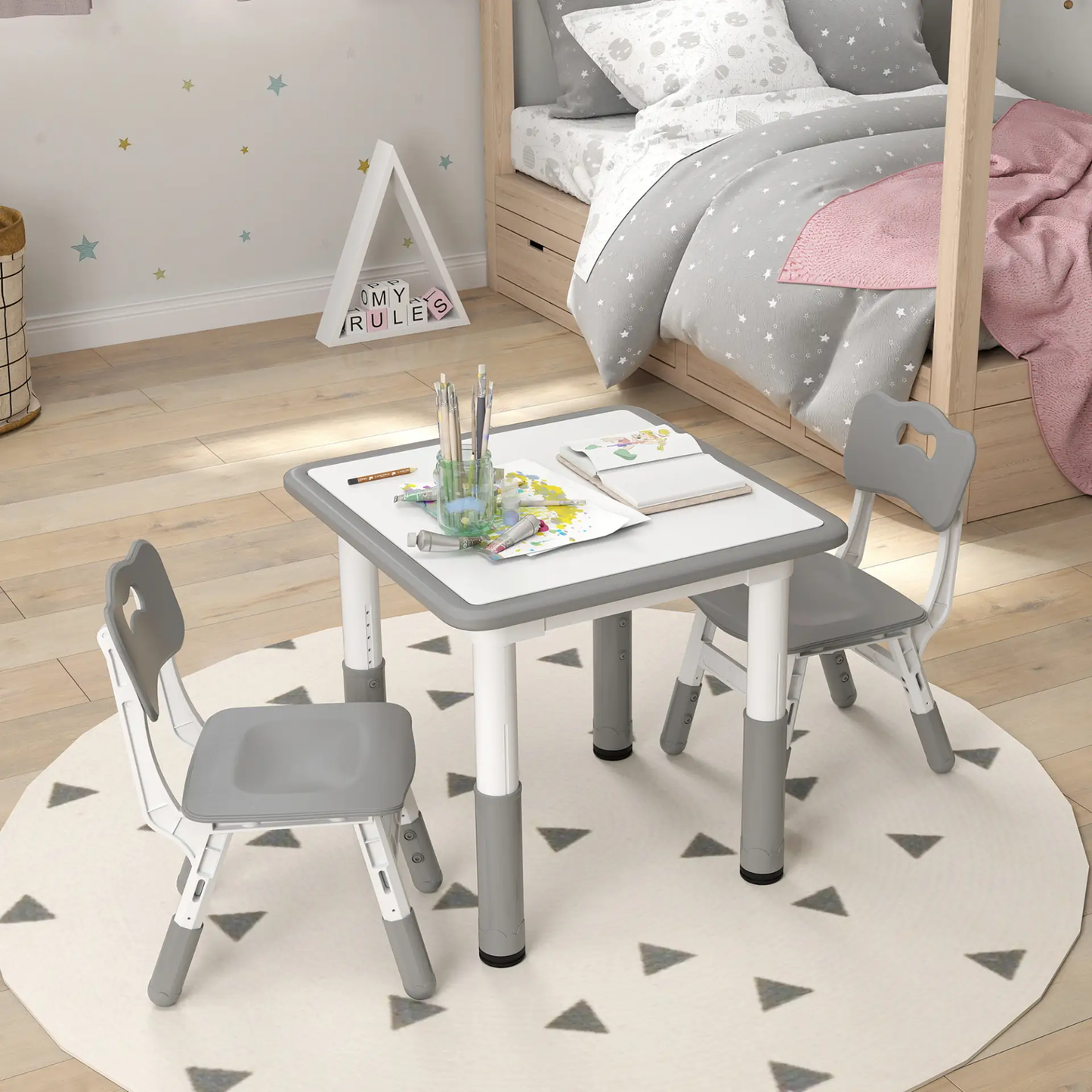 AIYAPLAY Height Adjustable Toddler Table and Chair Set, 3 Pcs Children Activity Table w/ 2 Chairs, for Playroom, Bedroom - Grey by All Mart Bristol Ltd