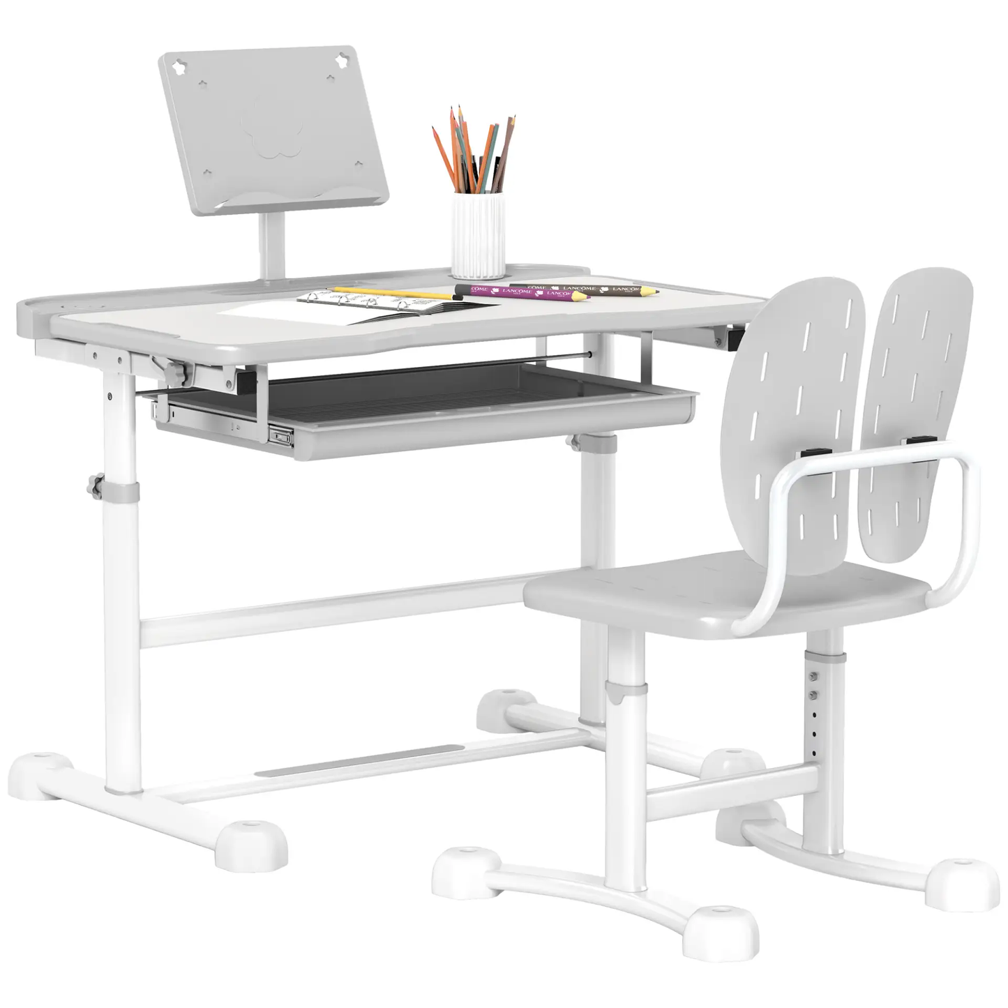 AIYAPLAY Height Adjustable Kids Desk and Chair Set, School Study Writing, Reading Table Chair Set w/ Tilted Desktop, Grey by All Mart Bristol Ltd