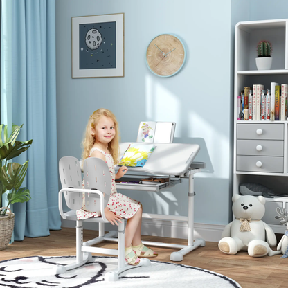 AIYAPLAY Height Adjustable Kids Desk and Chair Set, School Study Writing, Reading Table Chair Set w/ Tilted Desktop, Grey by All Mart Bristol Ltd