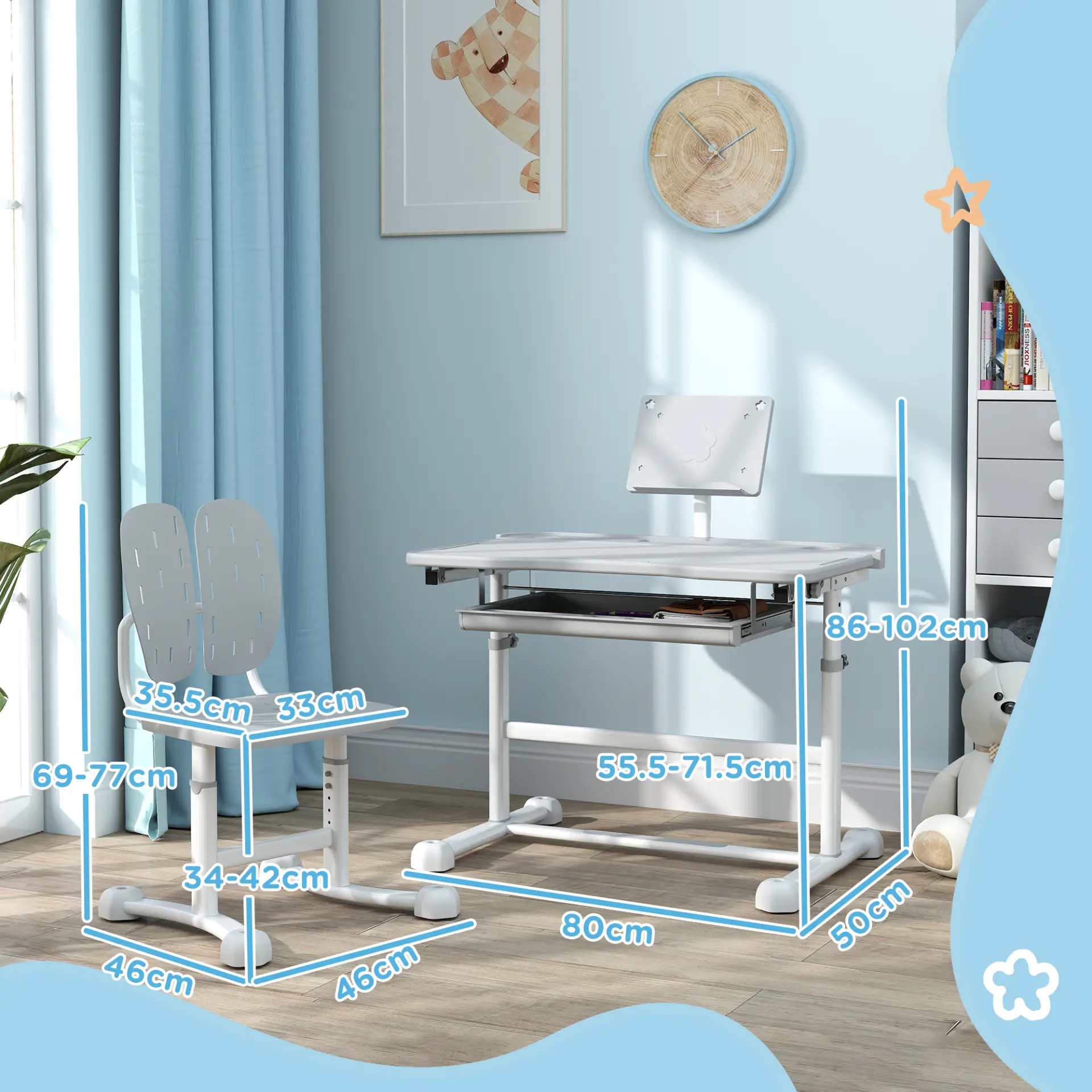 AIYAPLAY Height Adjustable Kids Desk and Chair Set, School Study Writing, Reading Table Chair Set w/ Tilted Desktop, Grey by All Mart Bristol Ltd